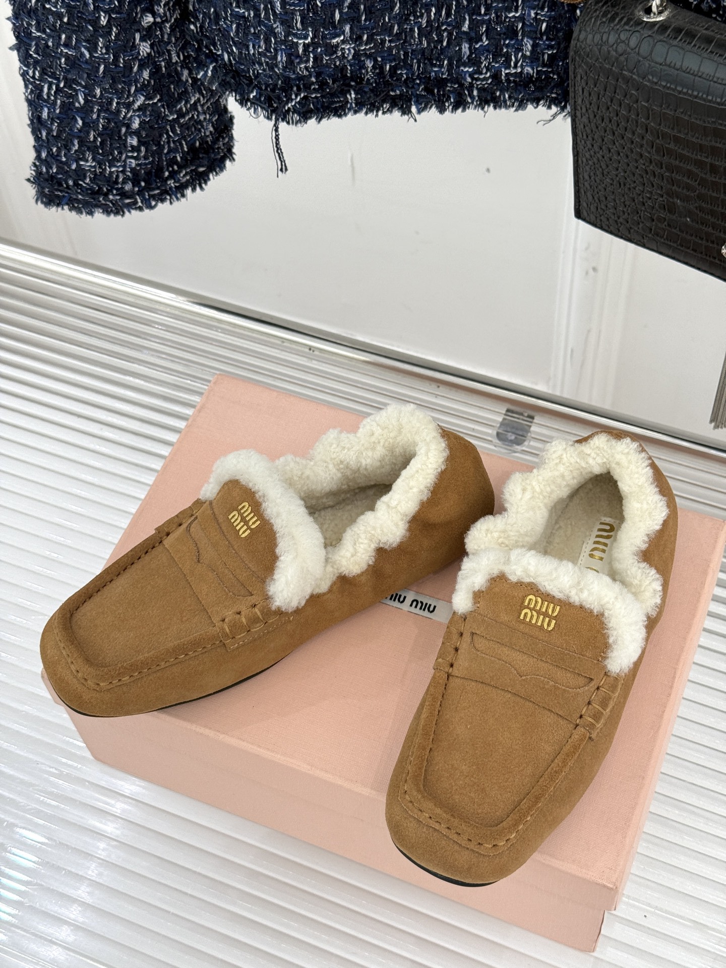 Bagsaaa Miu Miu shearling-lined suede penny loafers in brown