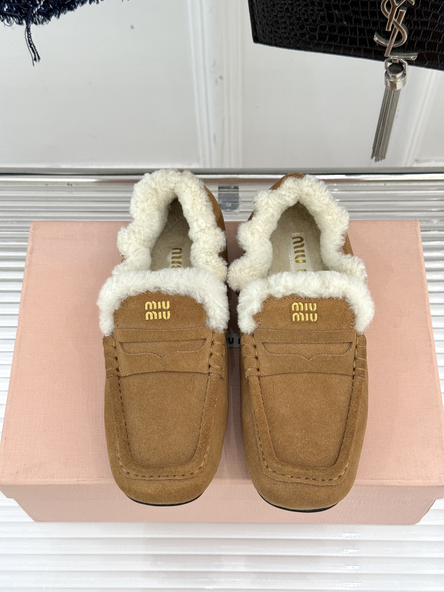 Bagsaaa Miu Miu shearling-lined suede penny loafers in brown
