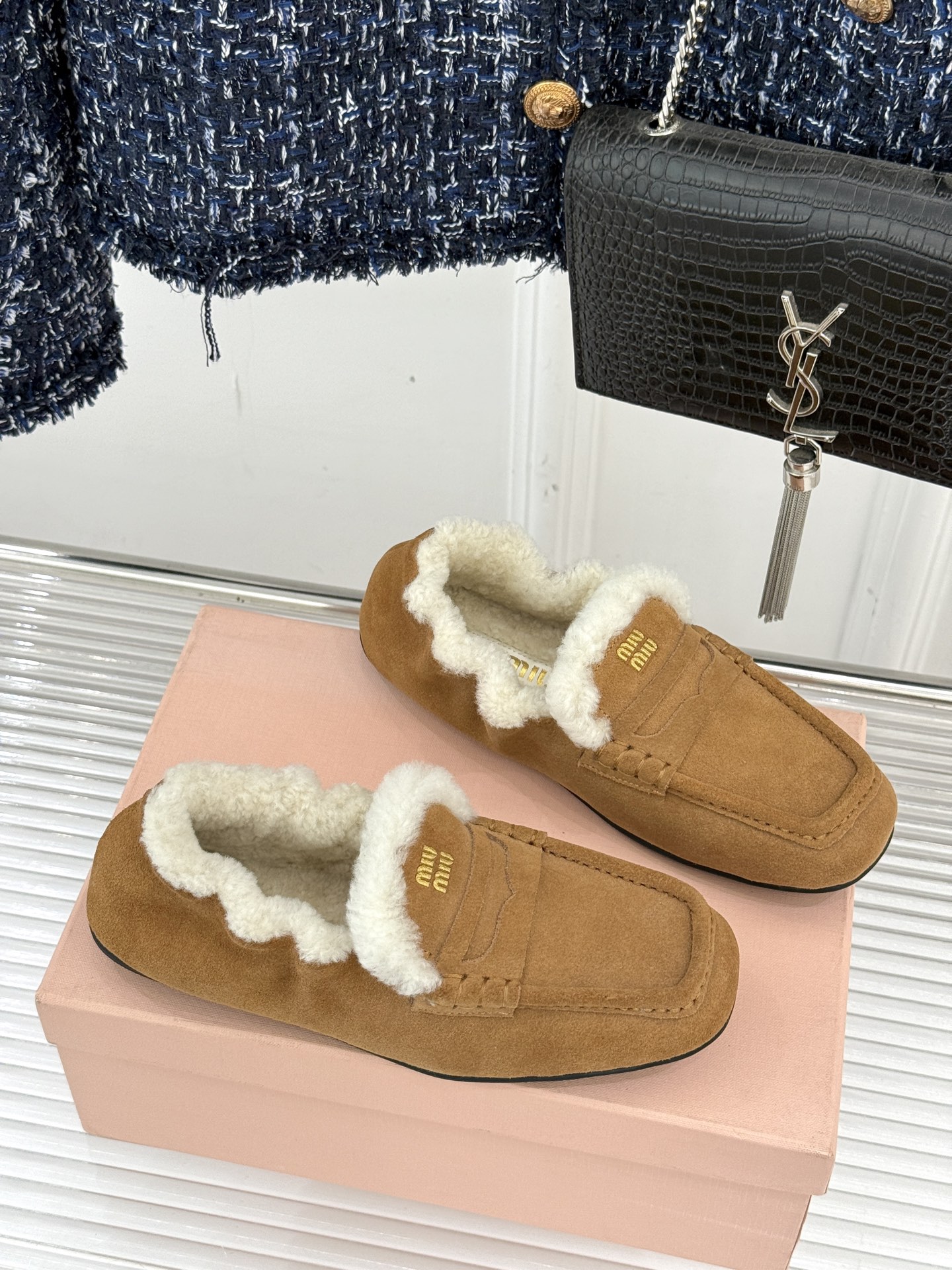 Bagsaaa Miu Miu shearling-lined suede penny loafers in brown