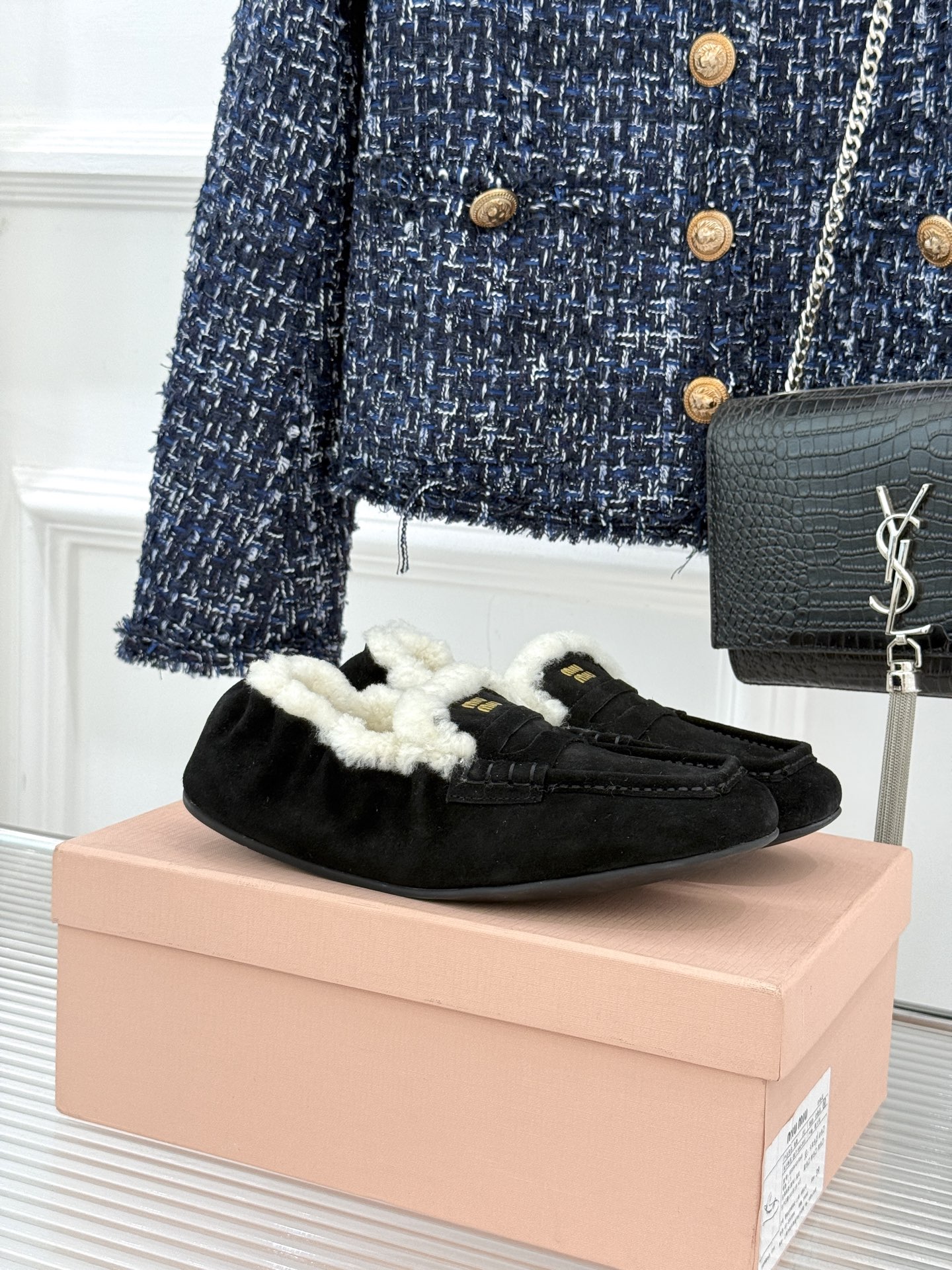 Bagsaaa Miu Miu shearling-lined suede penny loafers in black