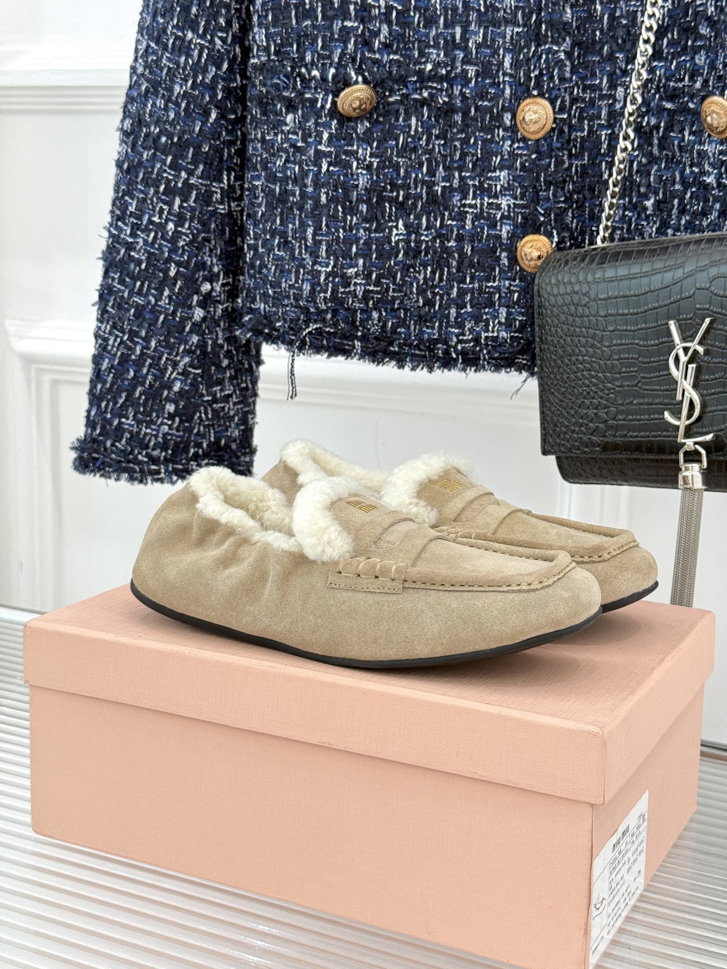 Bagsaaa Miu Miu shearling-lined suede penny loafers in beige