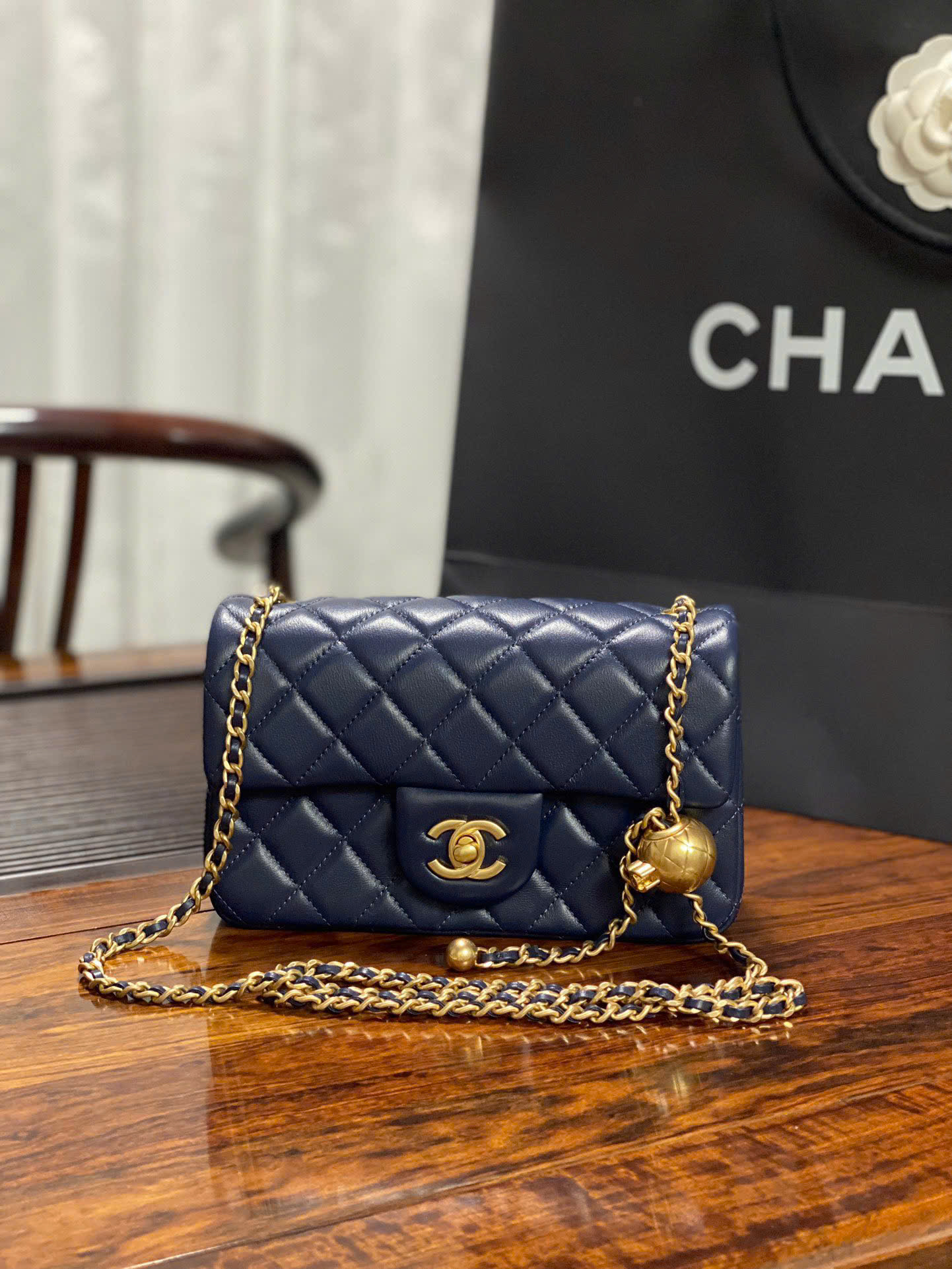 Bagsaaa Ch**el Mini Flap Bag adjustable chain strap navy blue - 20cm