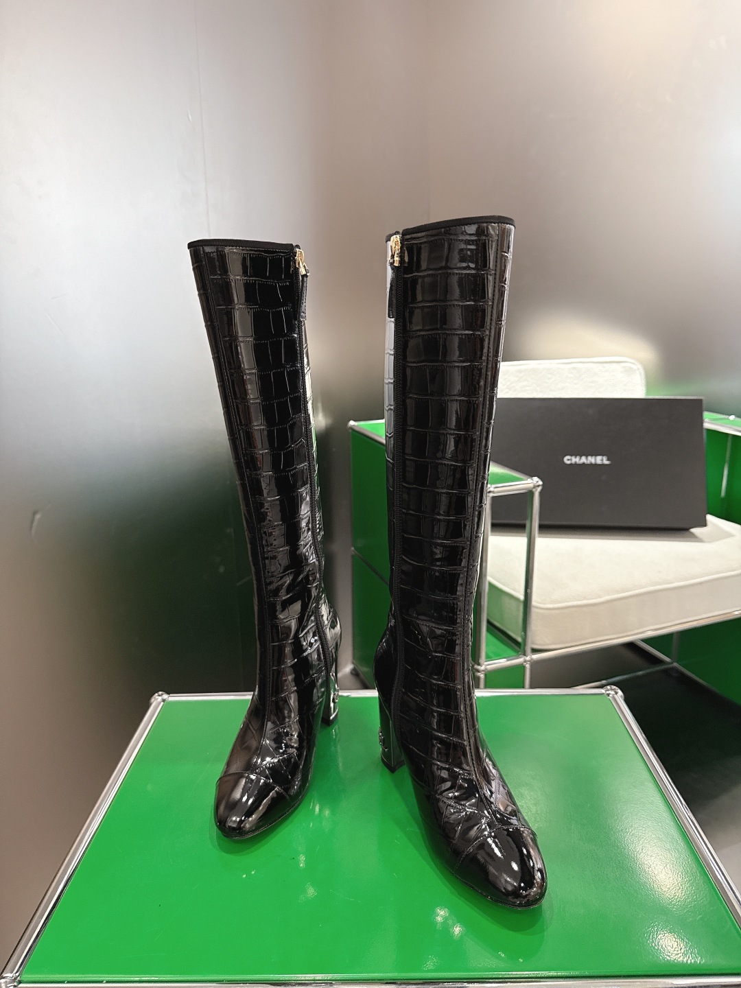 Bagsaaa Ch**el crocodile embossed leather cap-toe boots black
