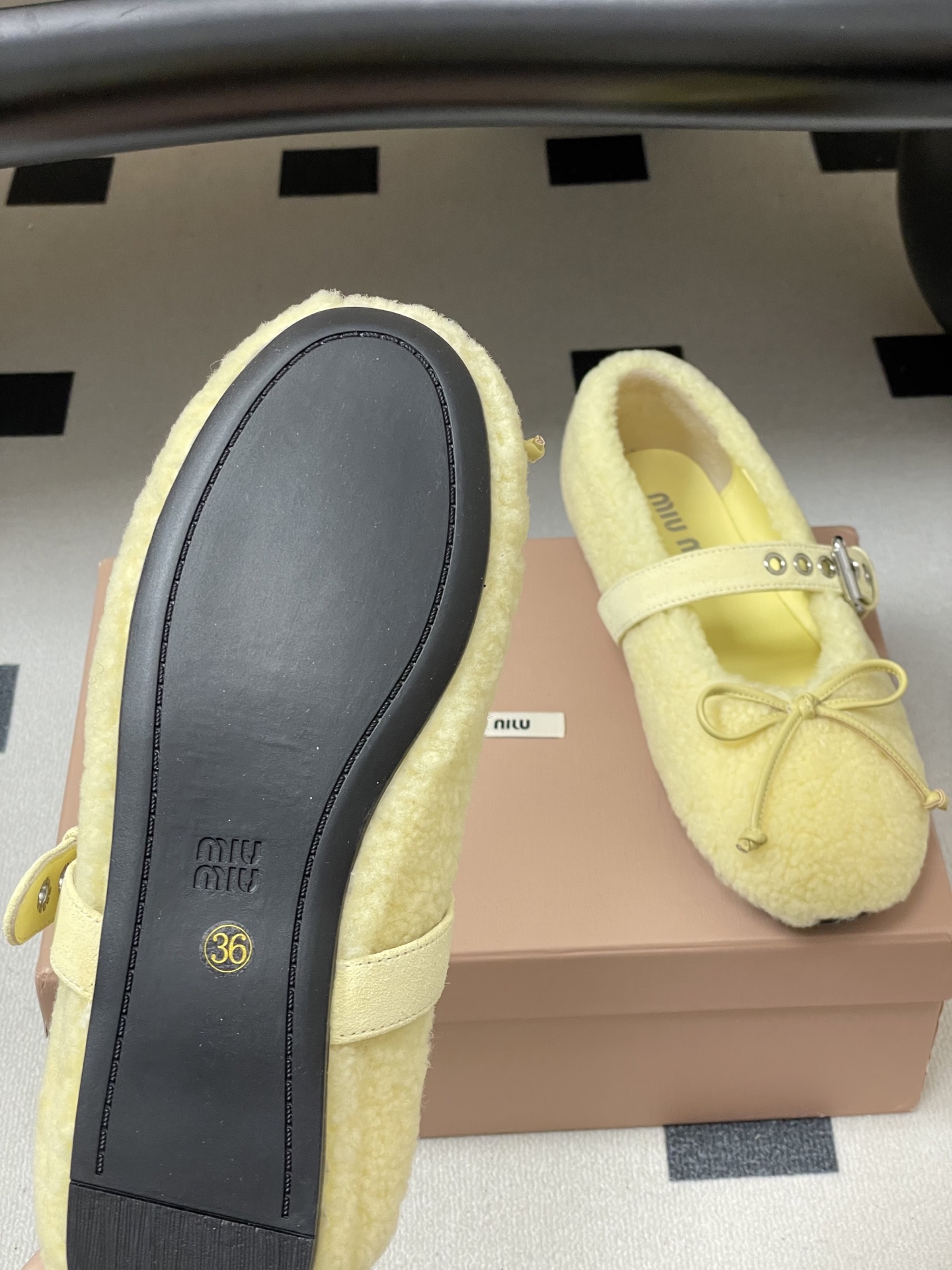 Bagsaaa Miu Miu Shearling Ballerinas light yellow