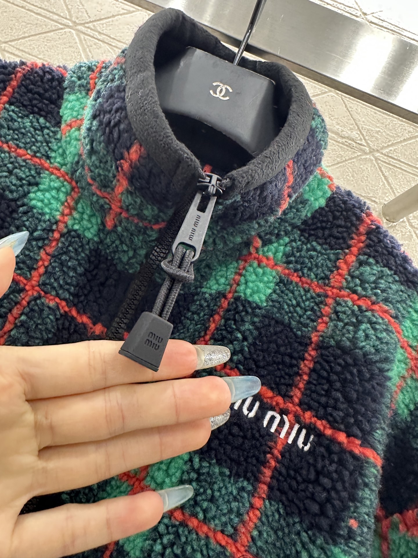 Bagsaaa Miu Miu Checked Teddy Zipper Jacket