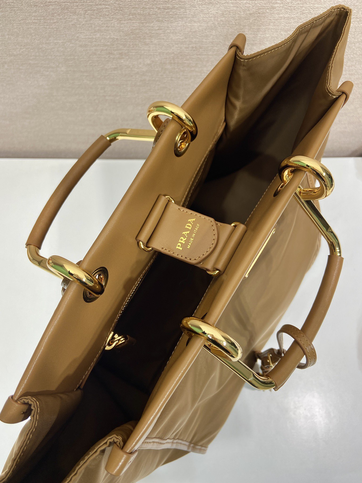 Bagsaaa Pra*a Re-Nylon and leather tote bag in the color Brandy 1BG561 - 35cm