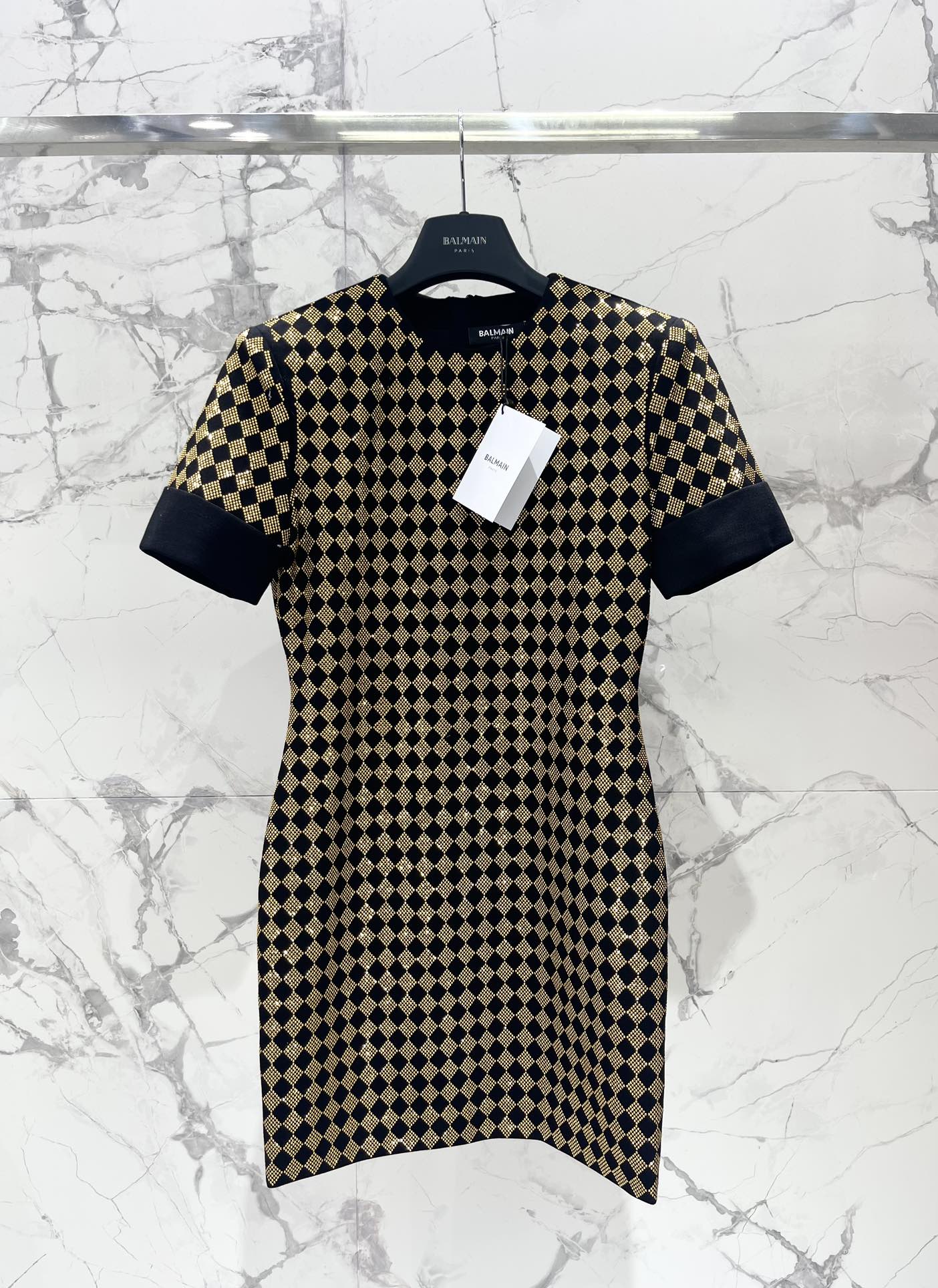 Bagsaaa Balmain short-sleeve mini dress with black and gold D1am0nd