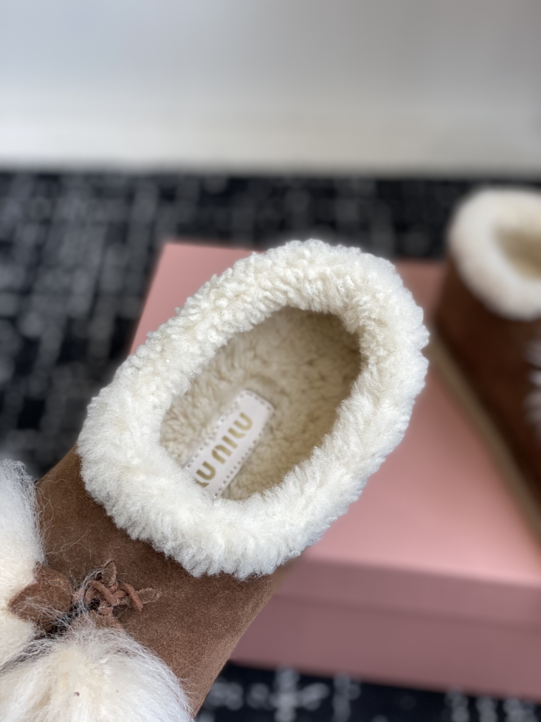 Bagsaaa Miu Miu Suede Shearling Slippers brown