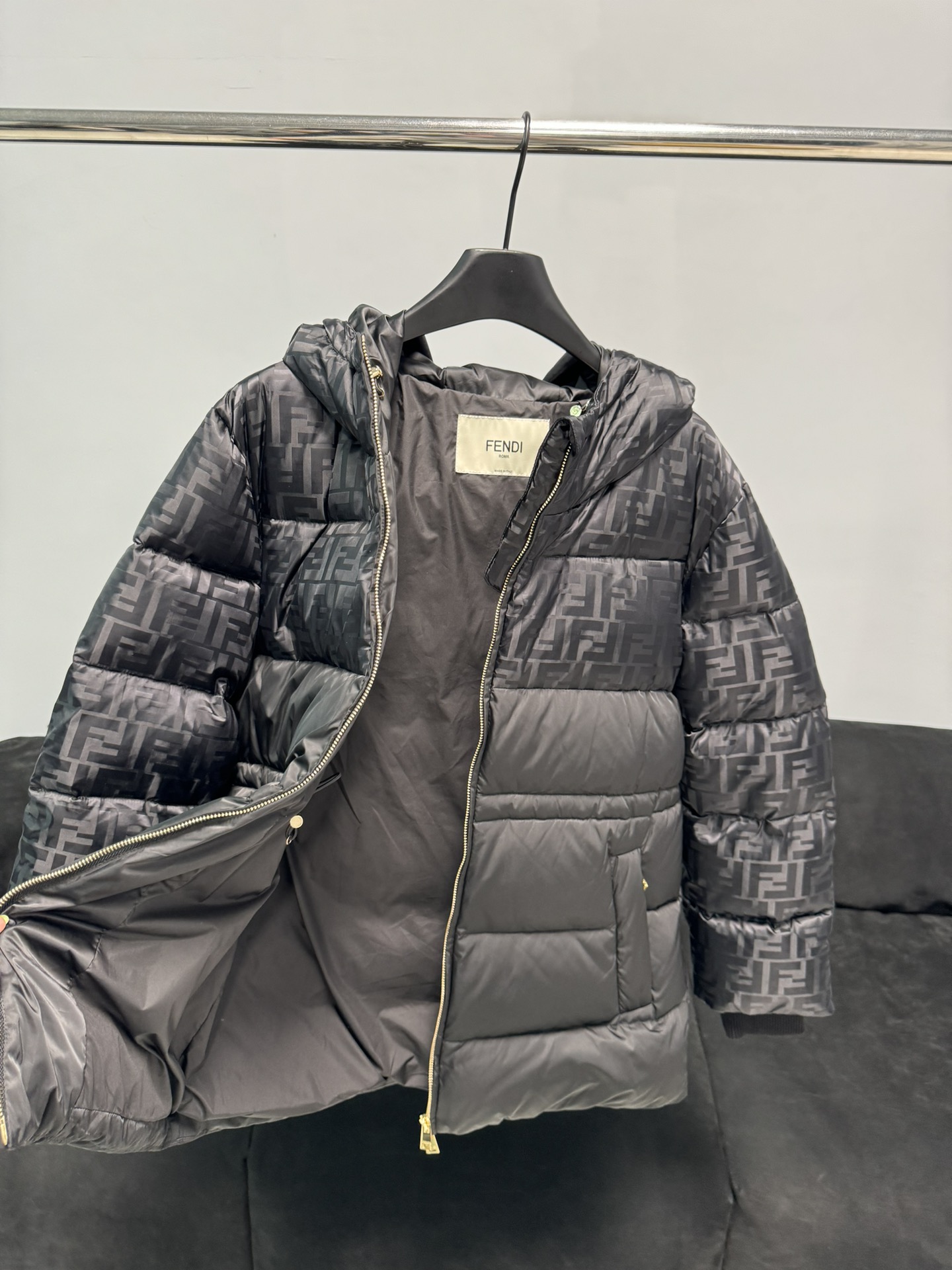 Bagsaaa F**di FF-print puff jacket in black nylon