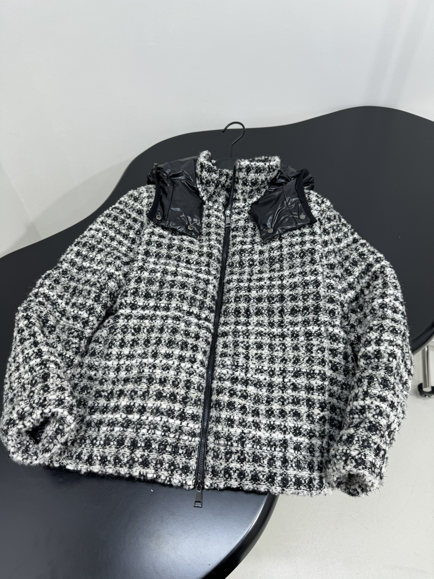 Moncler Andronne tweed hooded short down jacket in white and black