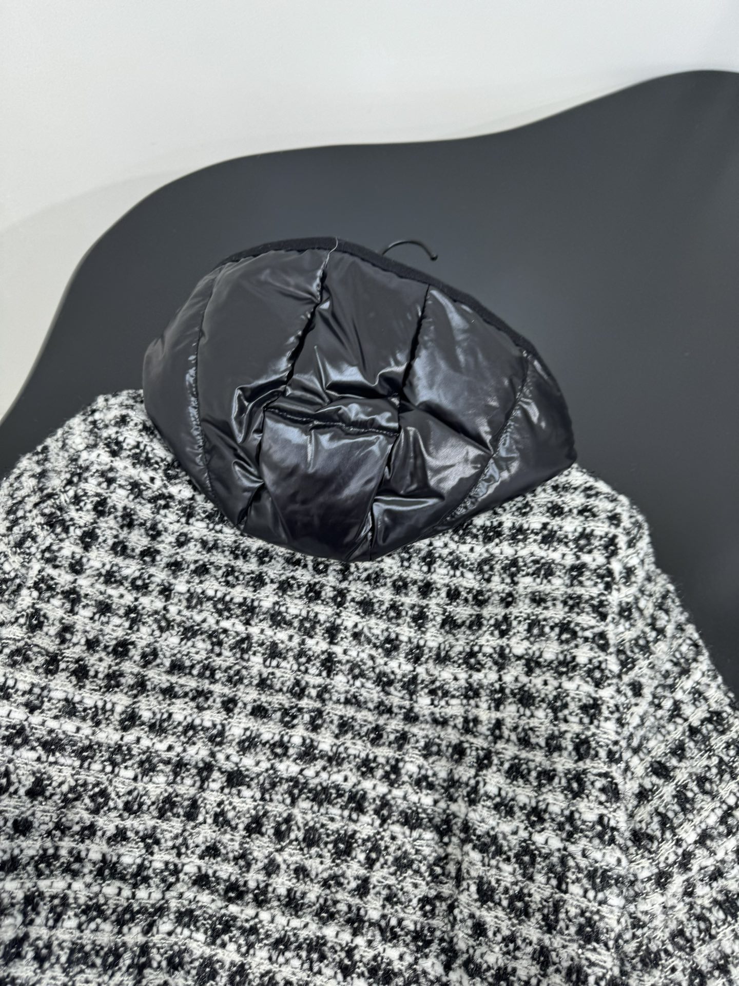 Moncler Andronne tweed hooded short down jacket in white and black