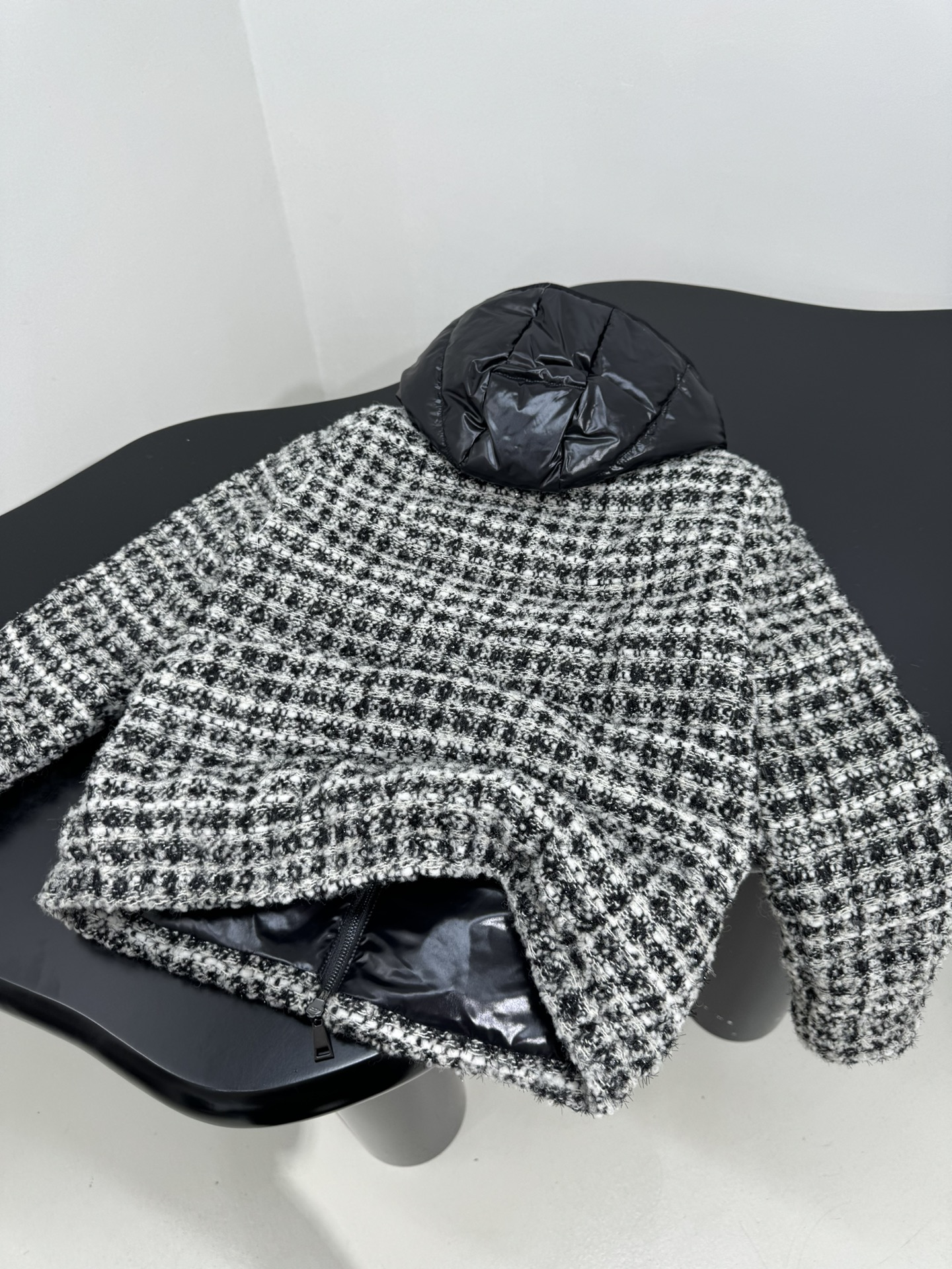 Moncler Andronne tweed hooded short down jacket in white and black