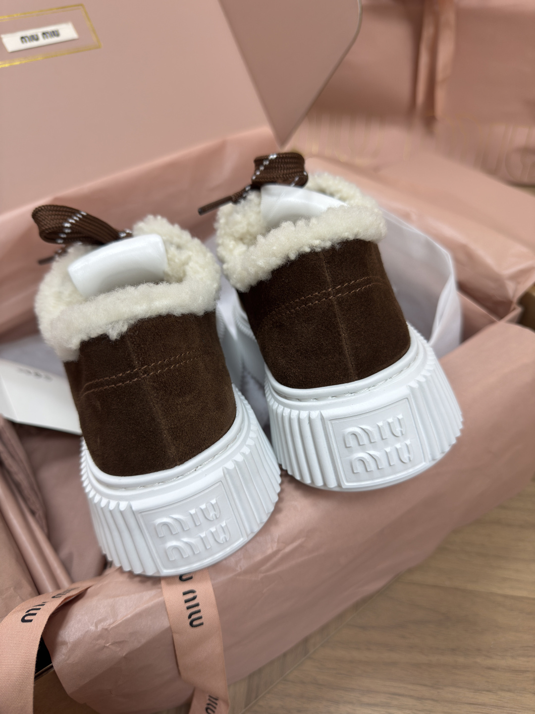 Bagsaaa Miu Miu suede and shearling sneakers dark brown