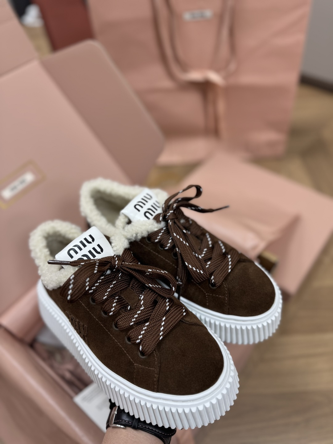 Bagsaaa Miu Miu suede and shearling sneakers dark brown