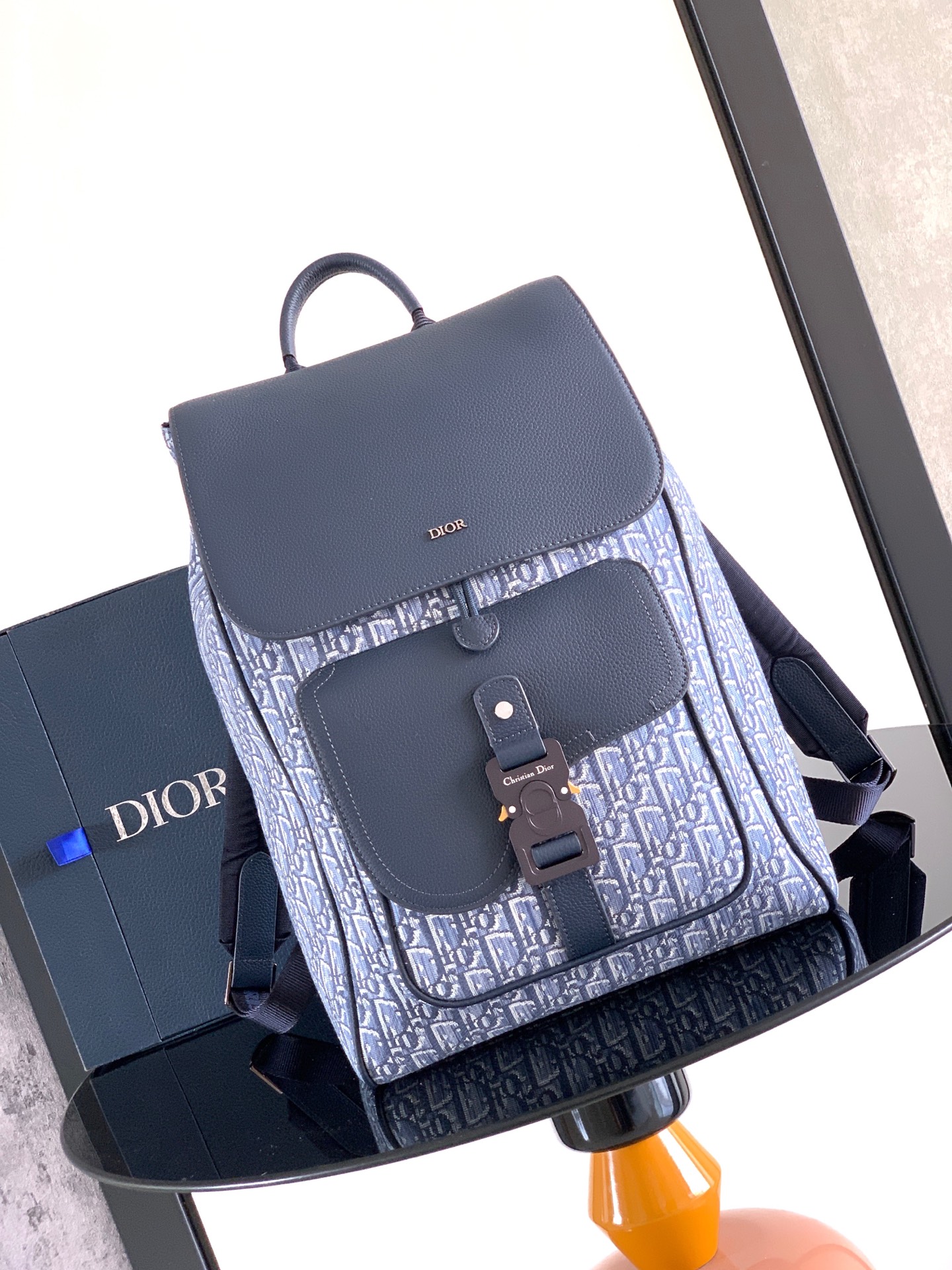 Bagsaaa D10r Saddle Backpack with Flap Blue D10r Oblique Jacquard and Blue Grained Calfskin - 41cm