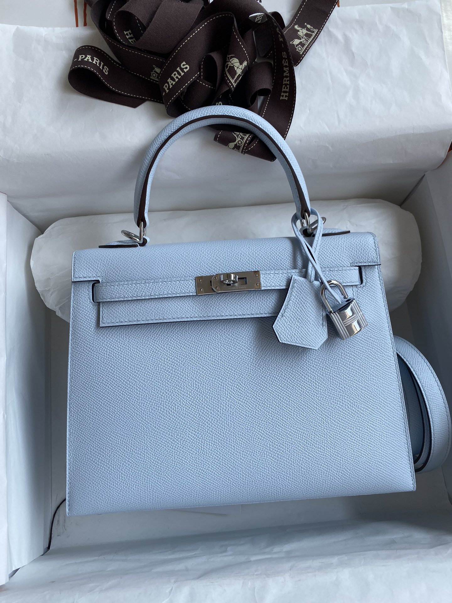Bagsaaa H**me5 Kelly Light Blue Silver Hardware Epsom - 25cm