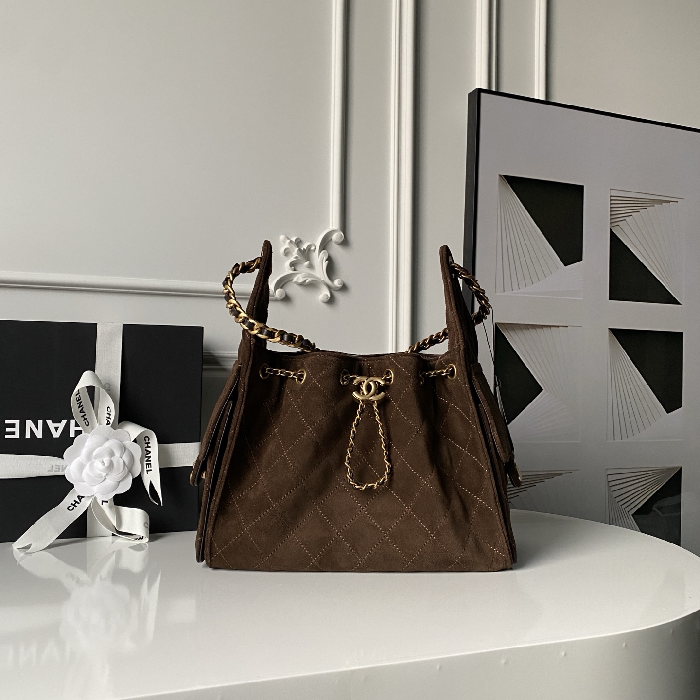 Bagsaaa Ch**el 25 Small Handbag AS5293 Dark Brown suede - 30cm