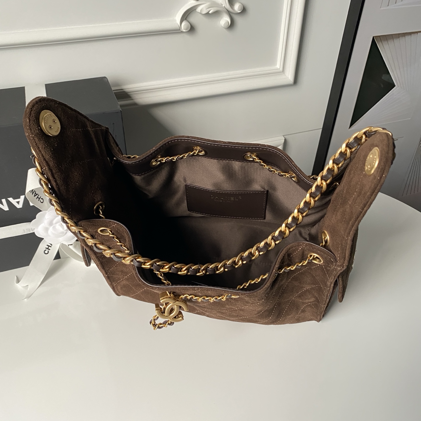 Bagsaaa Ch**el 25 Small Handbag AS5293 Dark Brown suede - 30cm