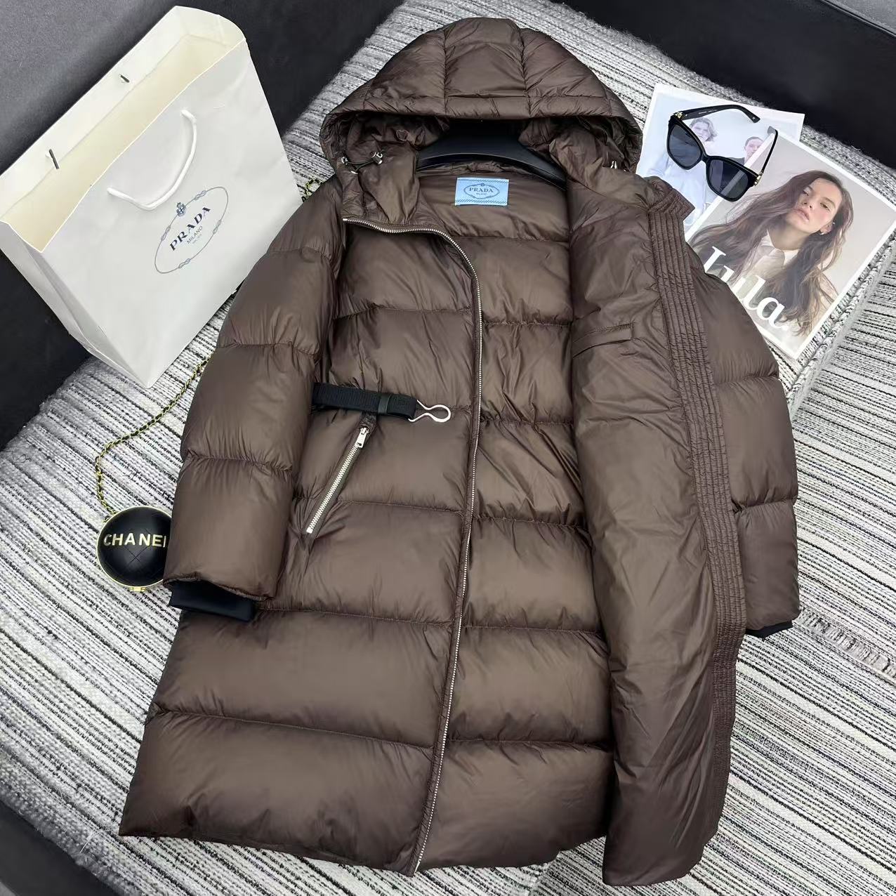 Bagsaaa Pra*a long down puffer coat in cocoa brown