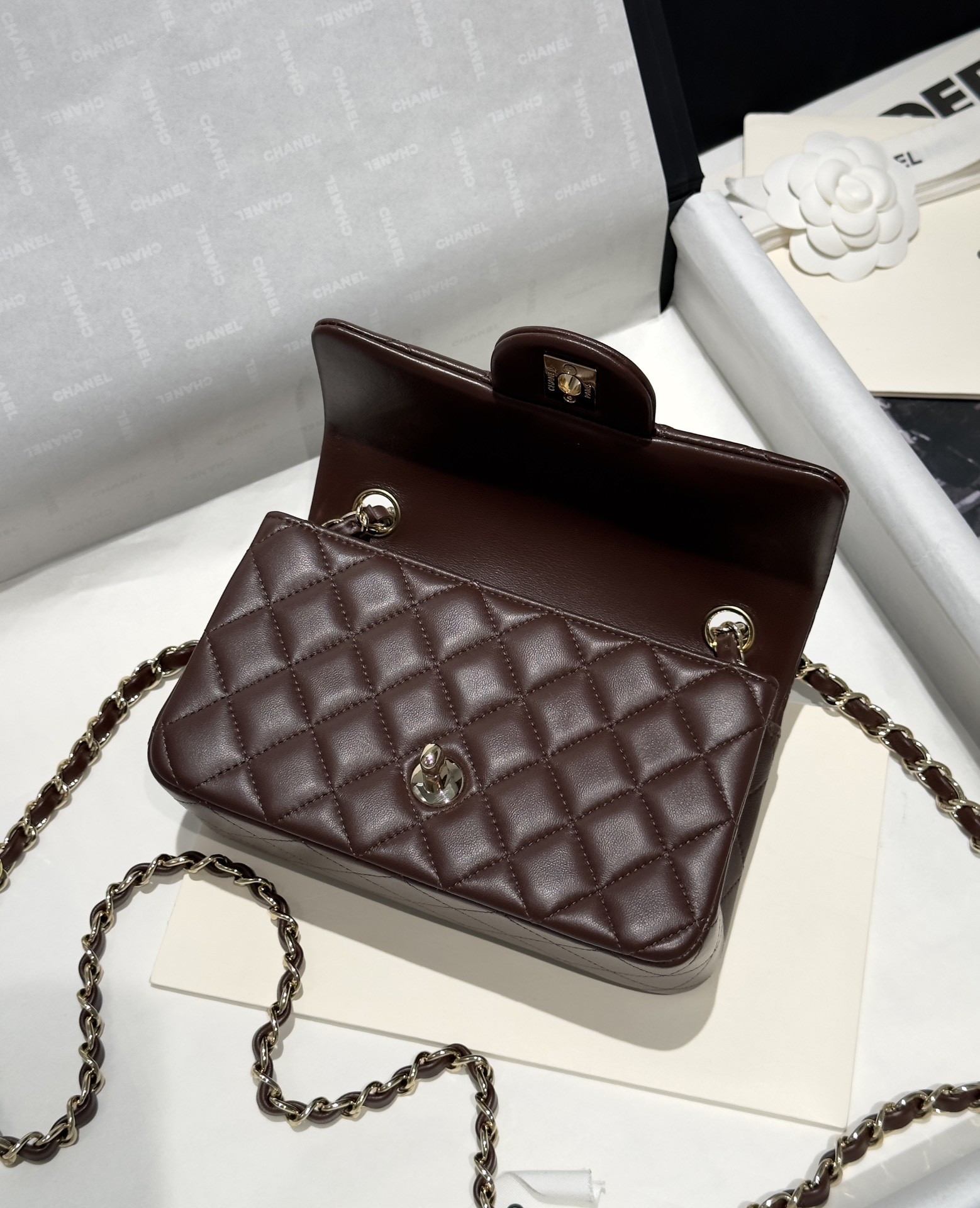 Bagsaaa Ch**el Mini Classic Flap handbag in dark brown - 20cm