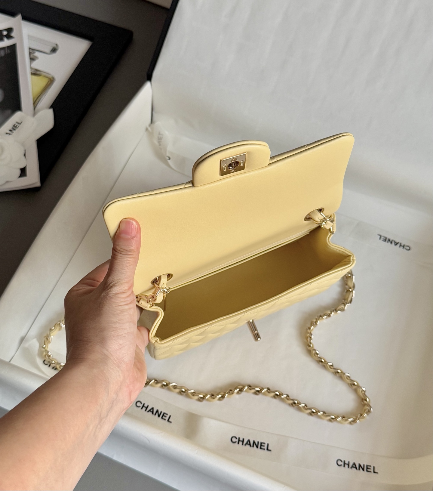 Ch**el Mini Classic Flap handbag in light yellow - 20cm