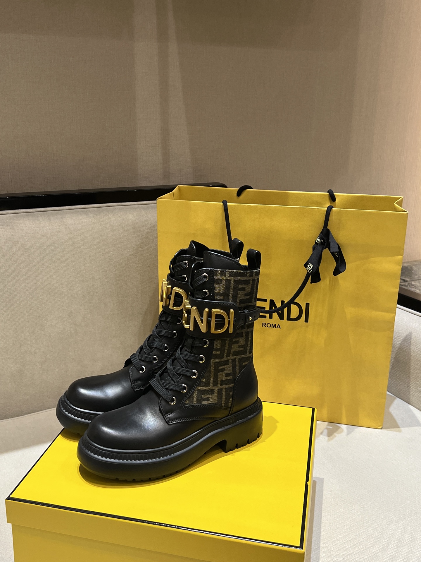 Bagsaaa F**di F**digraphy leather biker boots in black