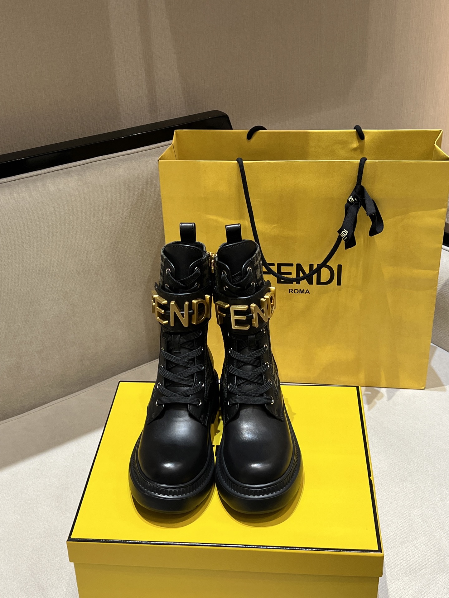 Bagsaaa F**di F**digraphy leather biker boots in black