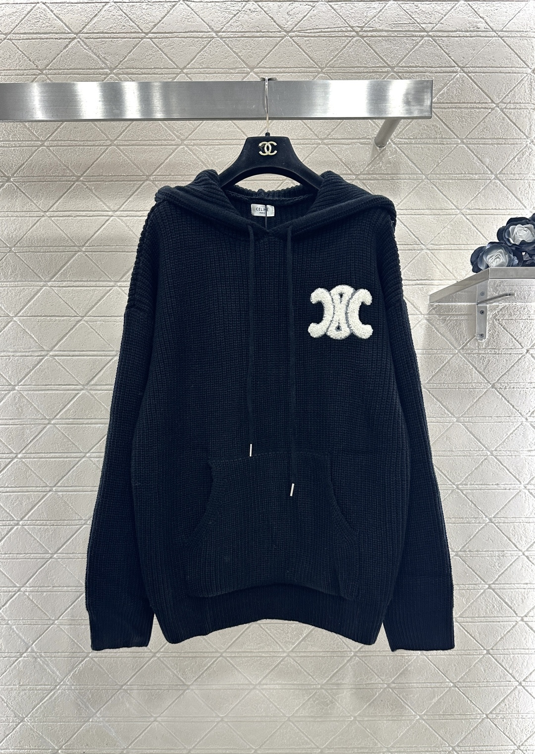 Bagsaaa Ce1i*e Homme Logo-Appliquéd Ribbed Wool Hoodie in navy blue