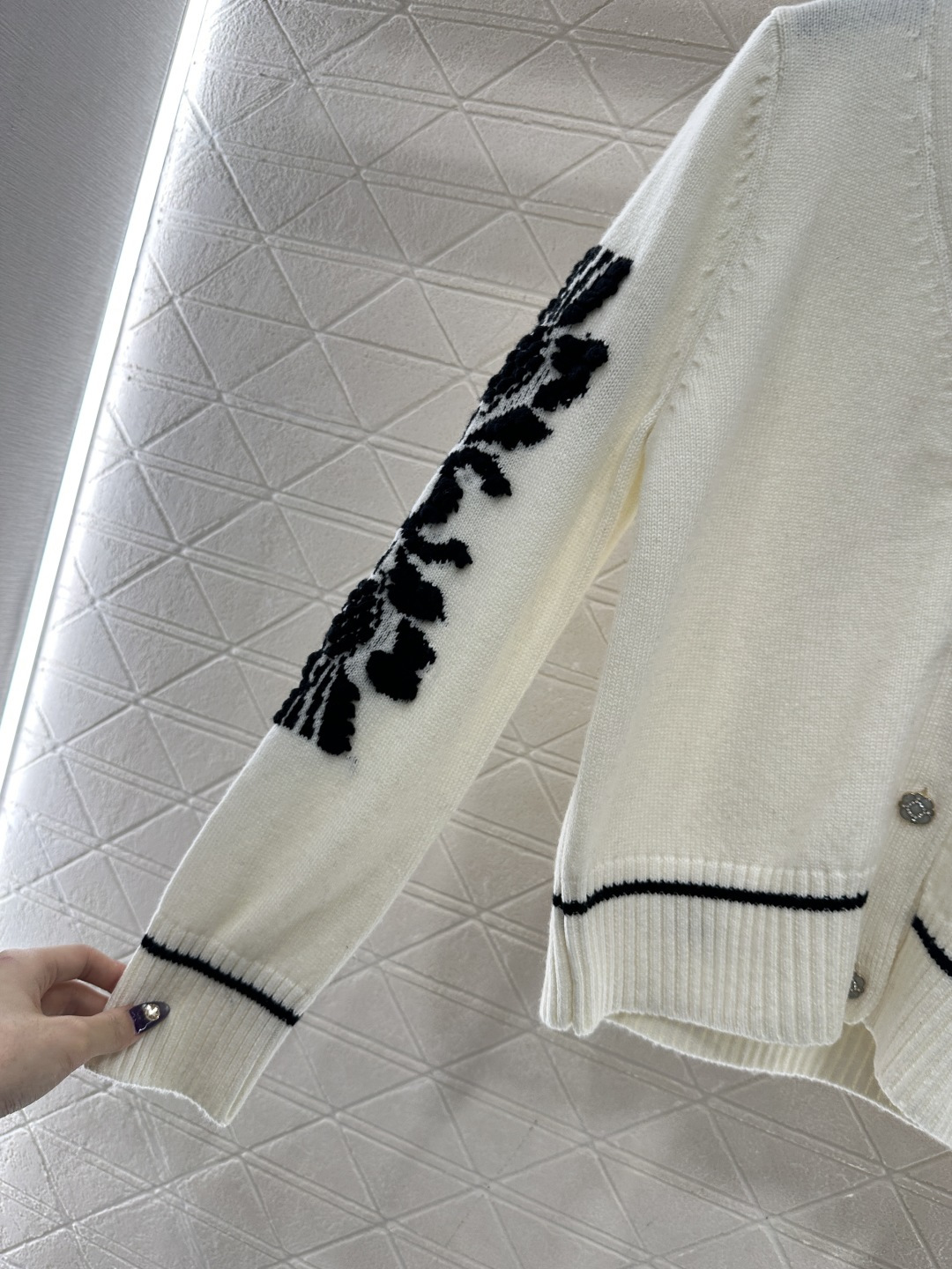 Bagsaaa Ch**el cardigan in white with black floral appliqués