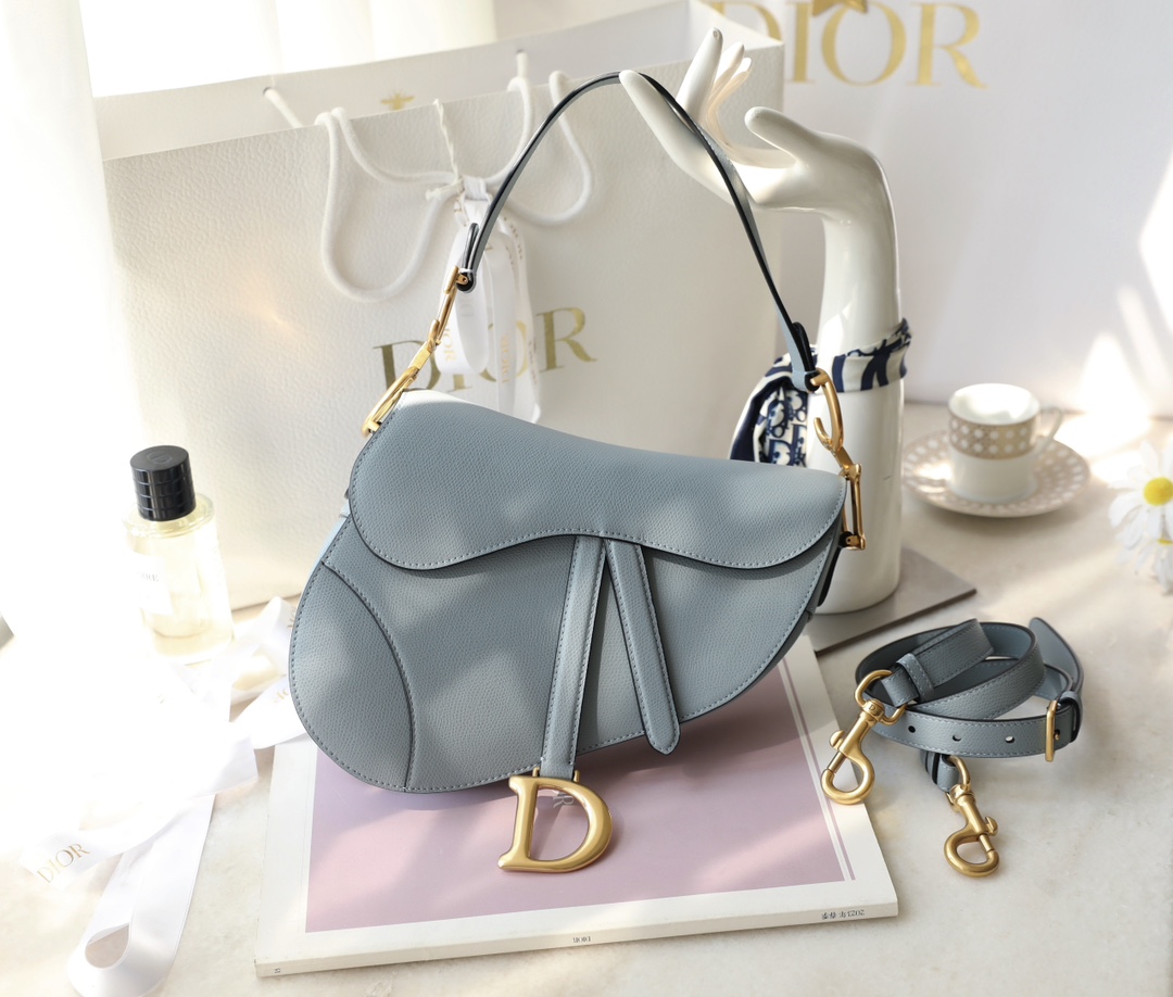 Bagsaaa D10r Saddle Bag with Strap Light Blue Grained Calfskin - 25.5 x 20 x 6.5 cm