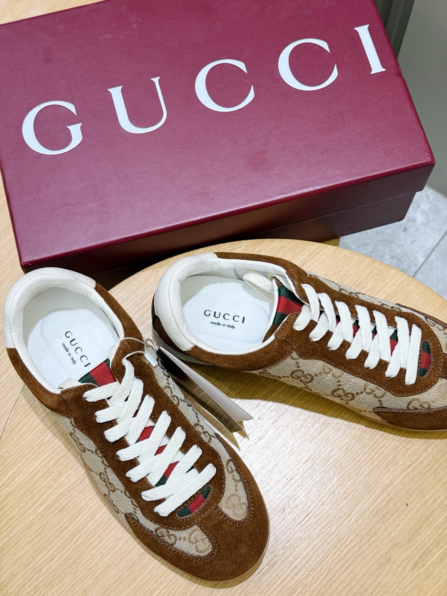Bagsaaa Gvc*1 Shift sneaker in GG canvas with suede trims in beige and brown