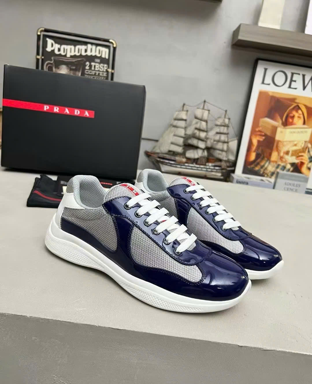 Bagsaaa Pra*a Patent leather and technical fabric Pra*a America's Cup sneakers navy blue