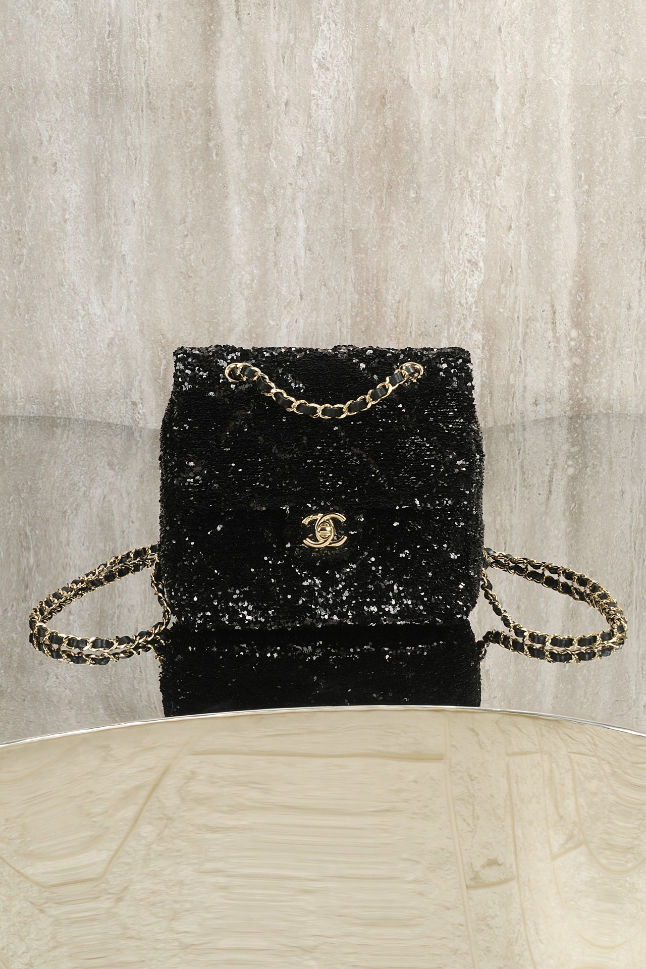 Bagsaaa Ch**el Backpack AS5711 Black Quilted Sequins - 21cm