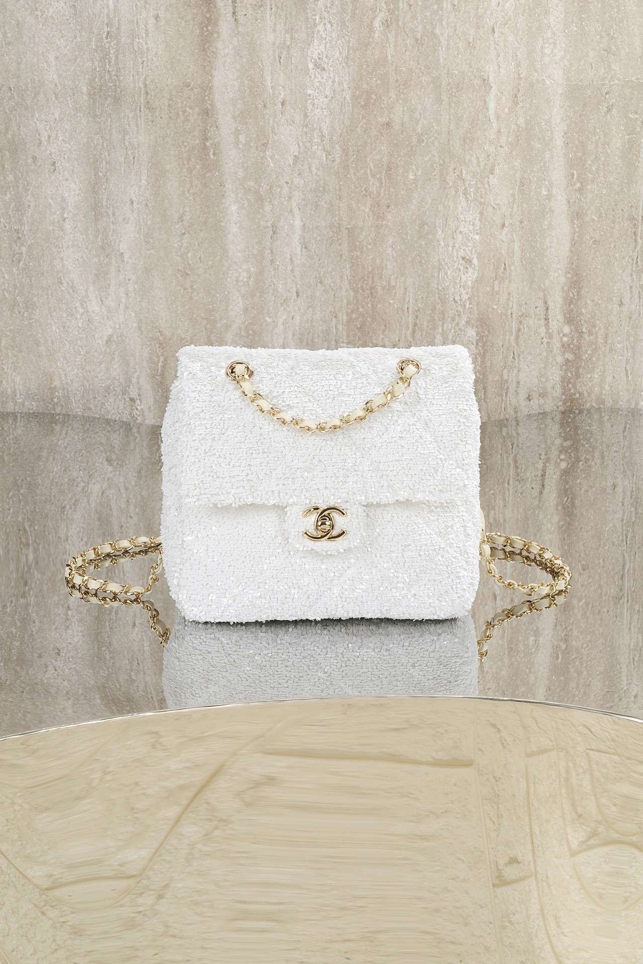 Bagsaaa Ch**el Backpack AS5711 White Quilted Sequins - 21cm