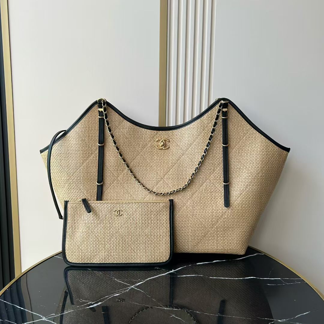 Bagsaaa Ch**el Maxi Shopping Bag AS5463 Beige & Black - 59cm