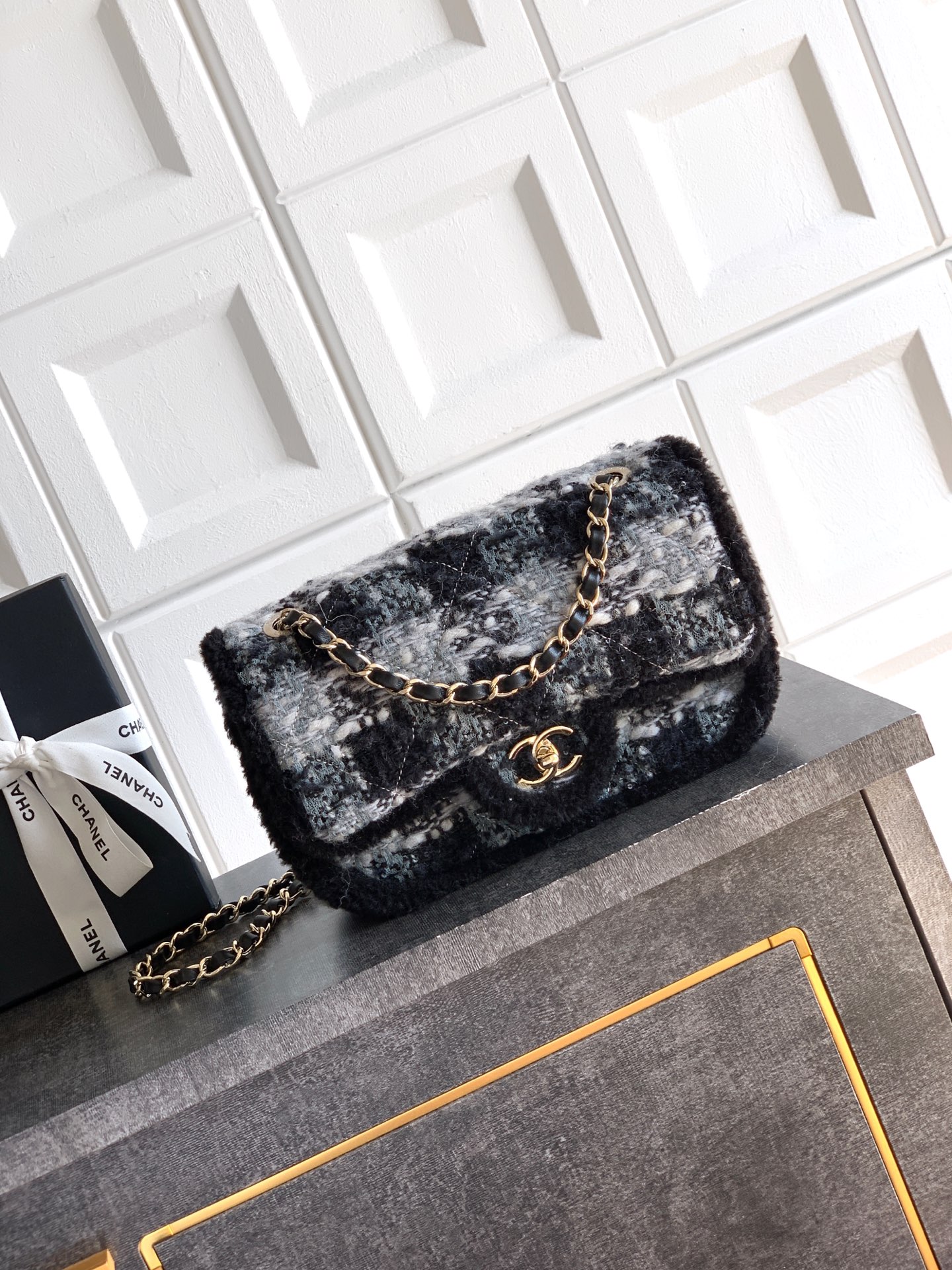 Bagsaaa Ch**el Large Flap Bag AS5686 Black & Gray - 26.5cm