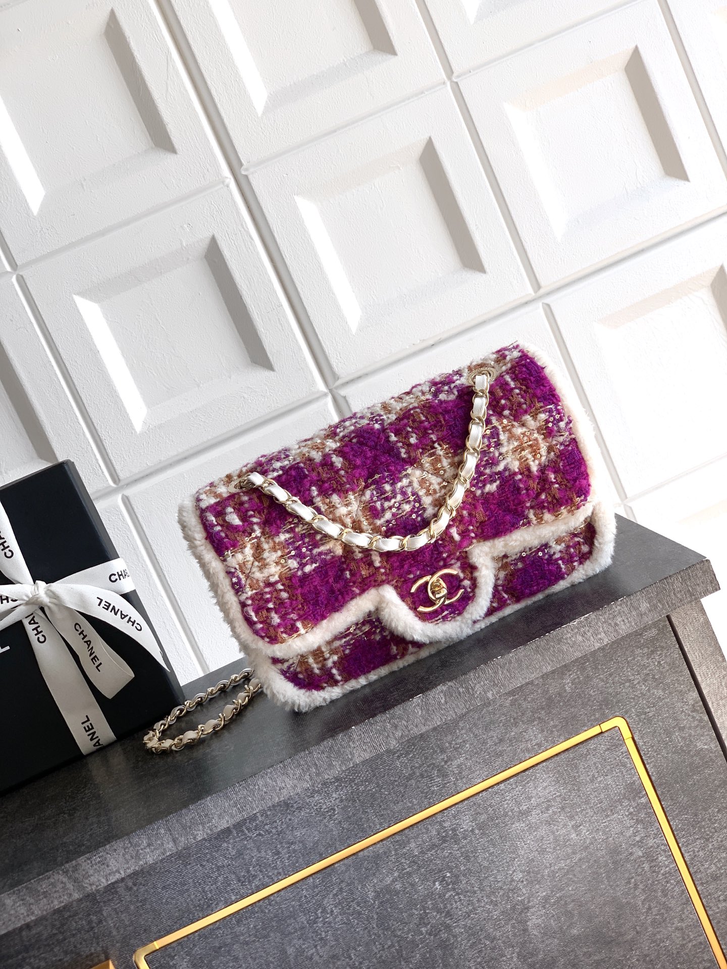 Bagsaaa Ch**el Large Flap Bag AS5686 Fuschia Tweed - 26.5cm