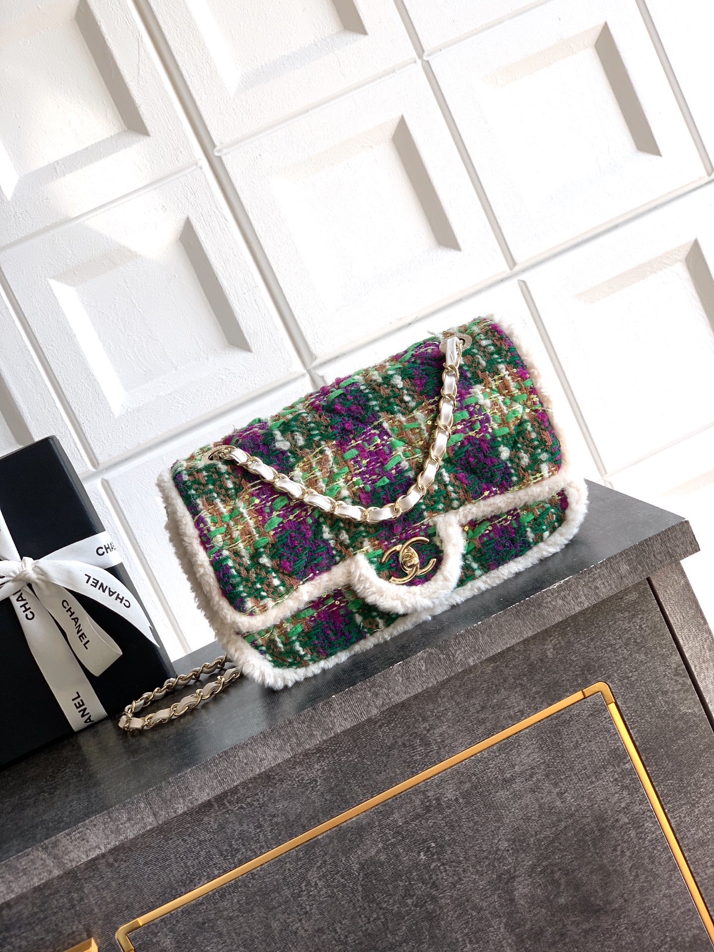 Bagsaaa Ch**el Large Flap Bag AS5686 Green Tweed - 26.5cm