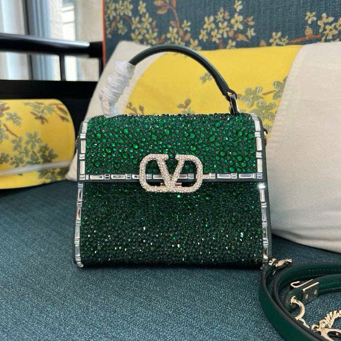 Bagsaaa Va1e*ntin0 Garavani Crystal Embroidered Mini Vsling Top Handle Green - 19cm