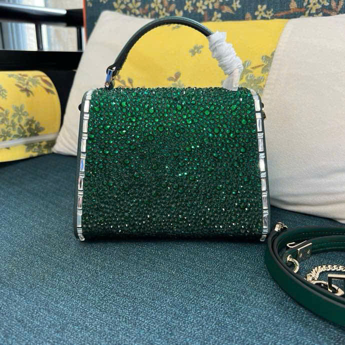 Bagsaaa Va1e*ntin0 Garavani Crystal Embroidered Mini Vsling Top Handle Green - 19cm