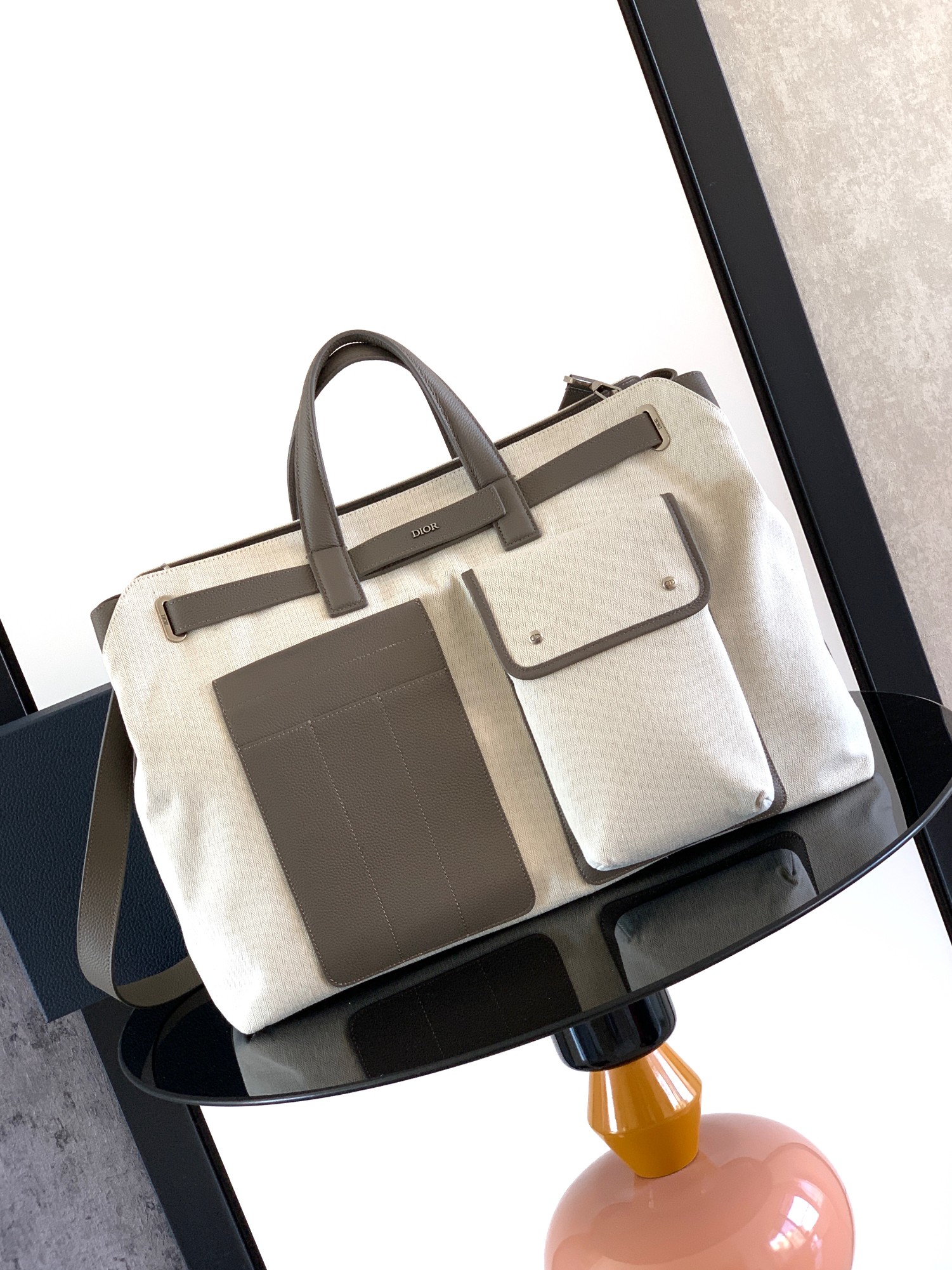 Bagsaaa Large D10r Normandie Tote Bag Beige Herringbone Cotton Canvas and Gray D10r Icons Calfskin - 49cm