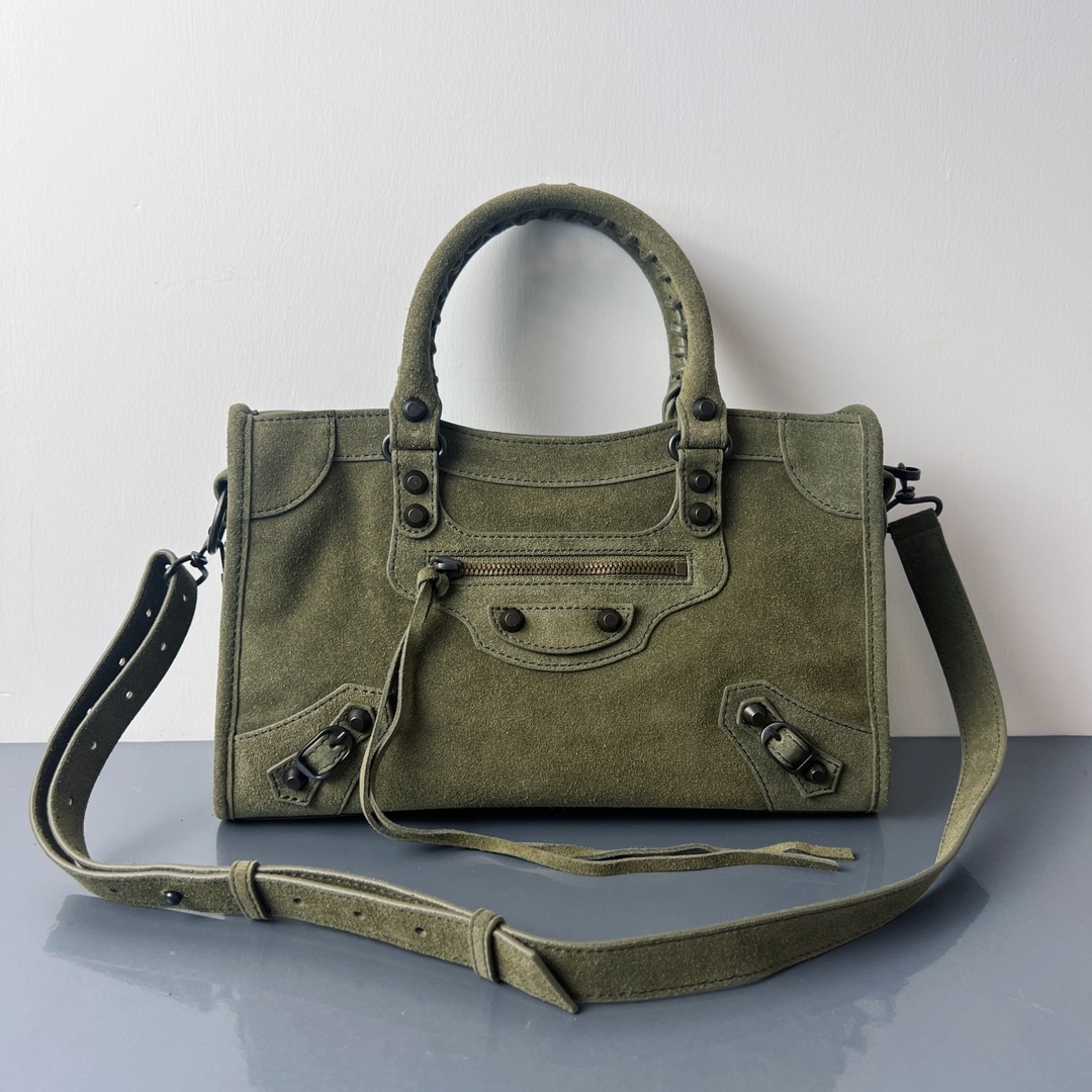 Bagsaaa Ba1en*iaga Le City Bag Small in olive green waxed suede calfskin - 30cm