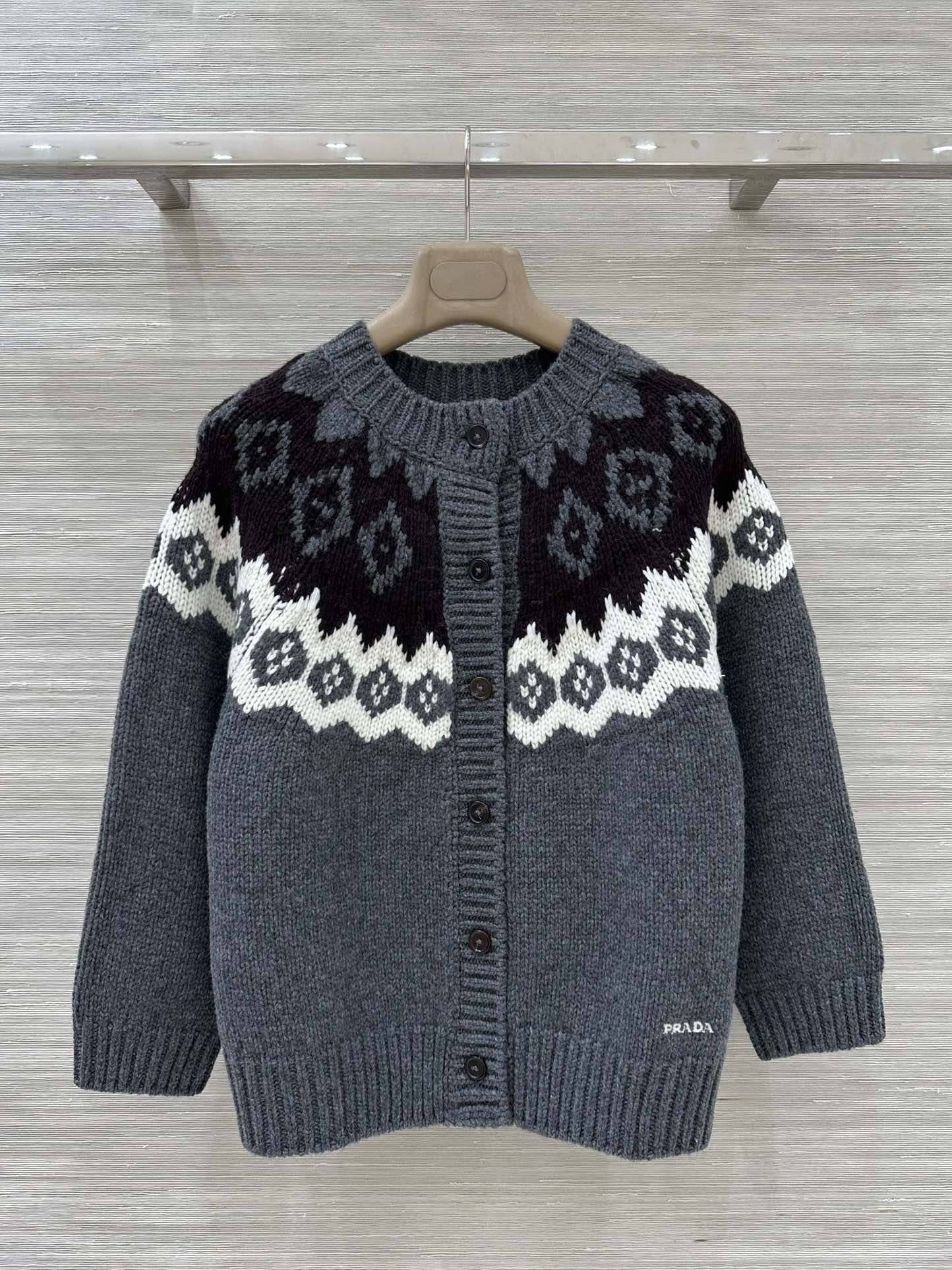Bagsaaa Pra*a Intarsia Wool-Cashmere Button-Front Cardigan gray