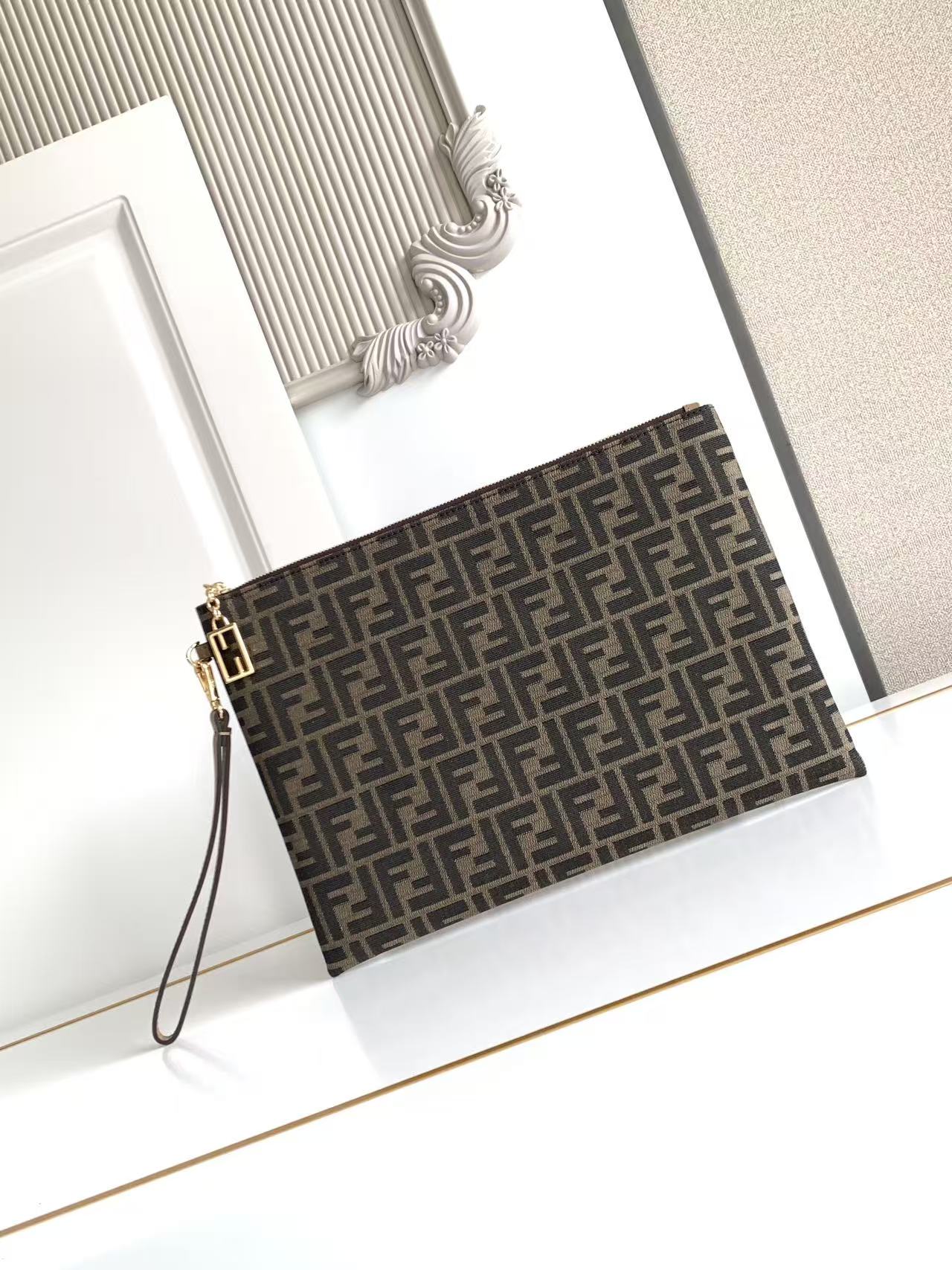 Bagsaaa F**di Flat Baguette Large Pouch in brown FF jacquard fabric - 34cm