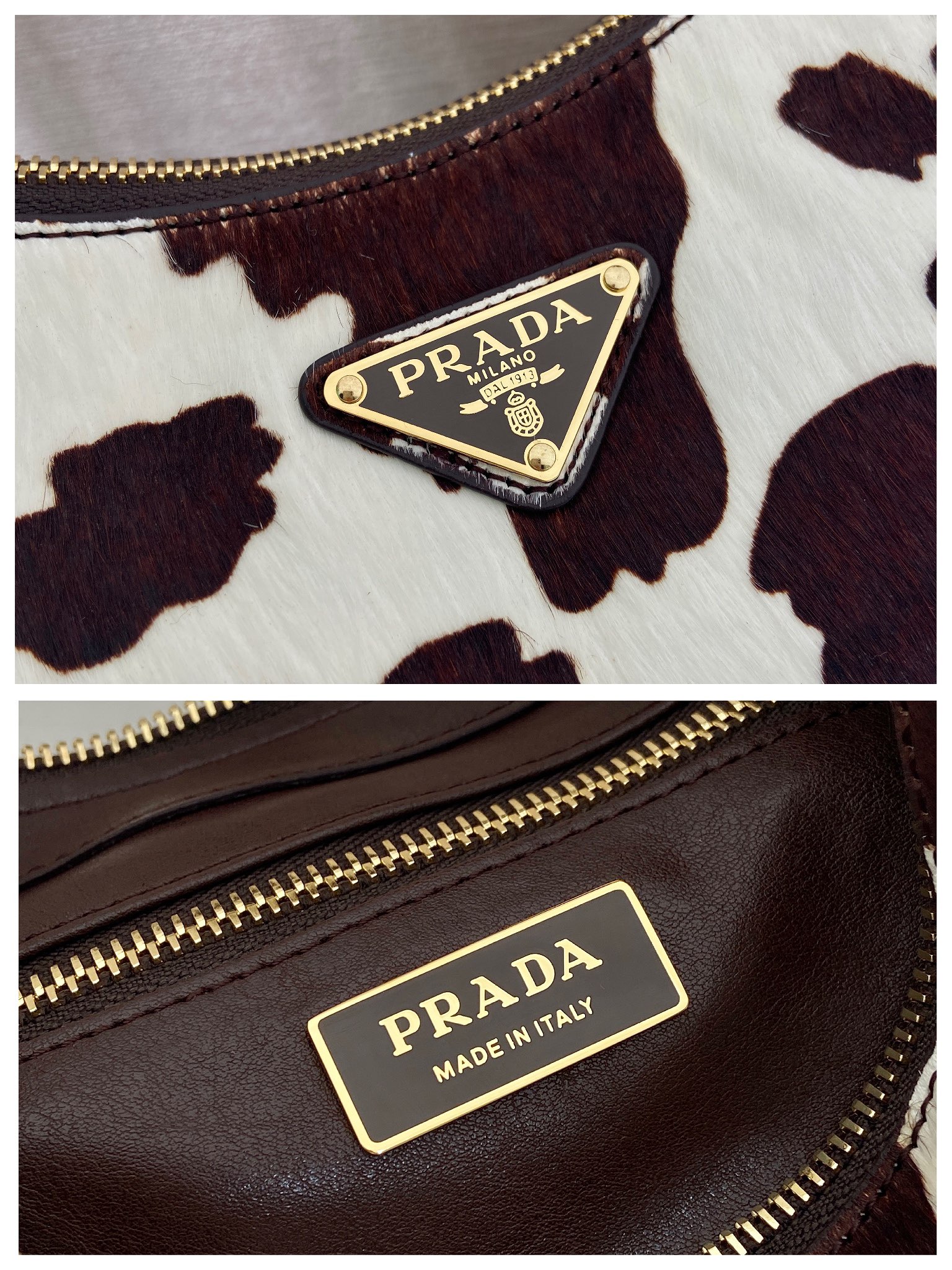 Bagsaaa Pra*a Aimèe medium printed calf hair shoulder bag in white and dark brown 1BC229 - 31cm
