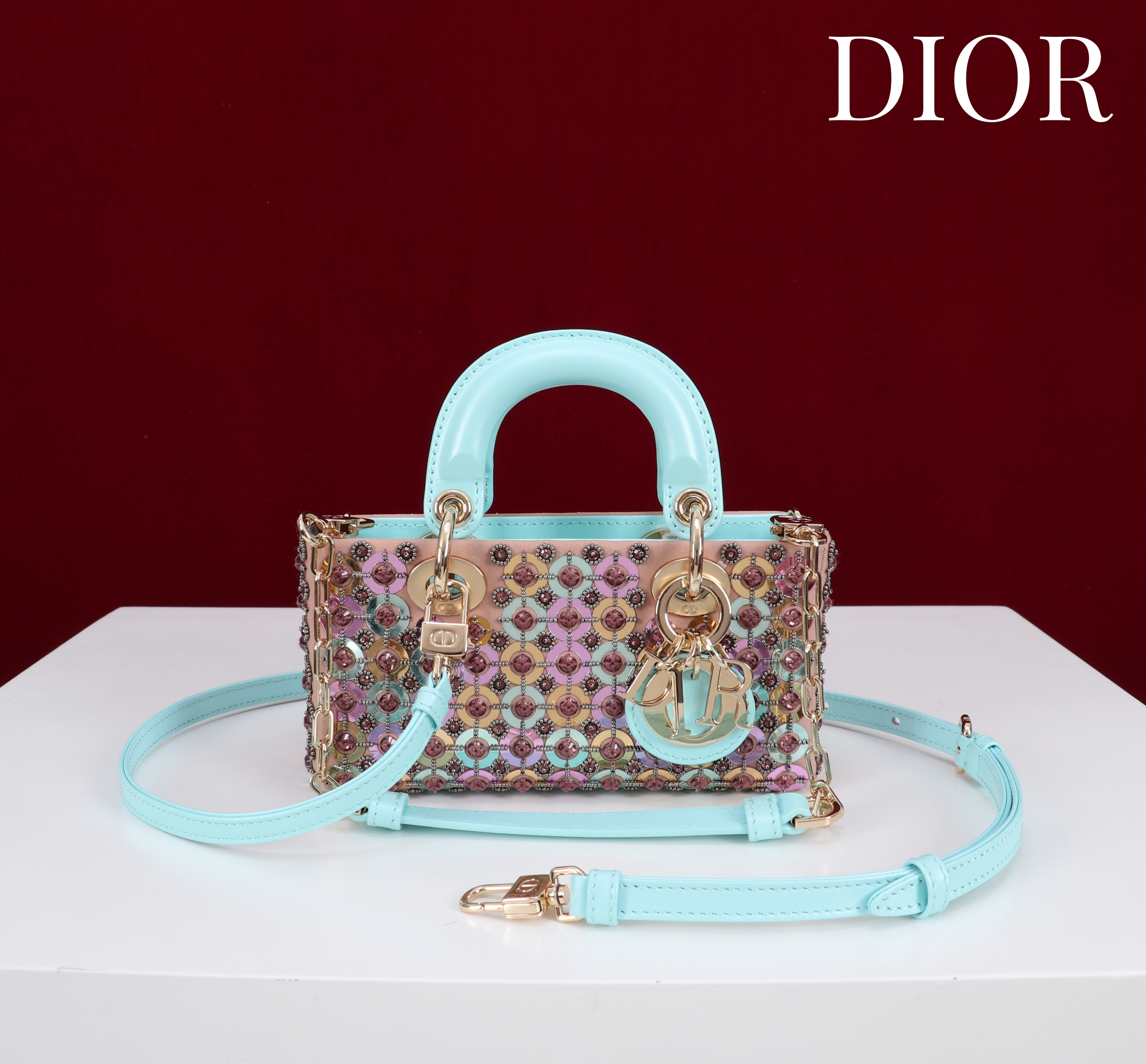 Bagsaaa D10r Lady D-Joy micro bag in multicolor glass material with light blue leather - 16cm