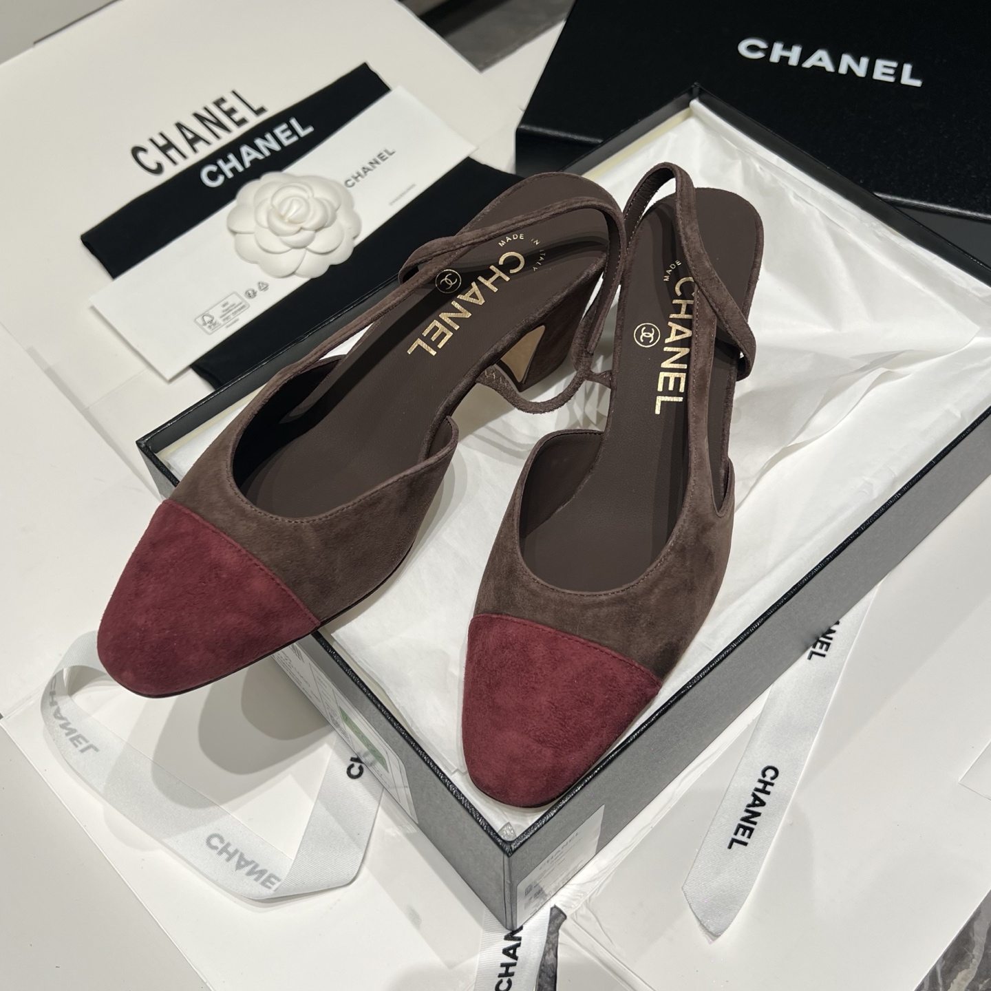 Bagsaaa Ch**el slingback pumps in burgundy suede and brown