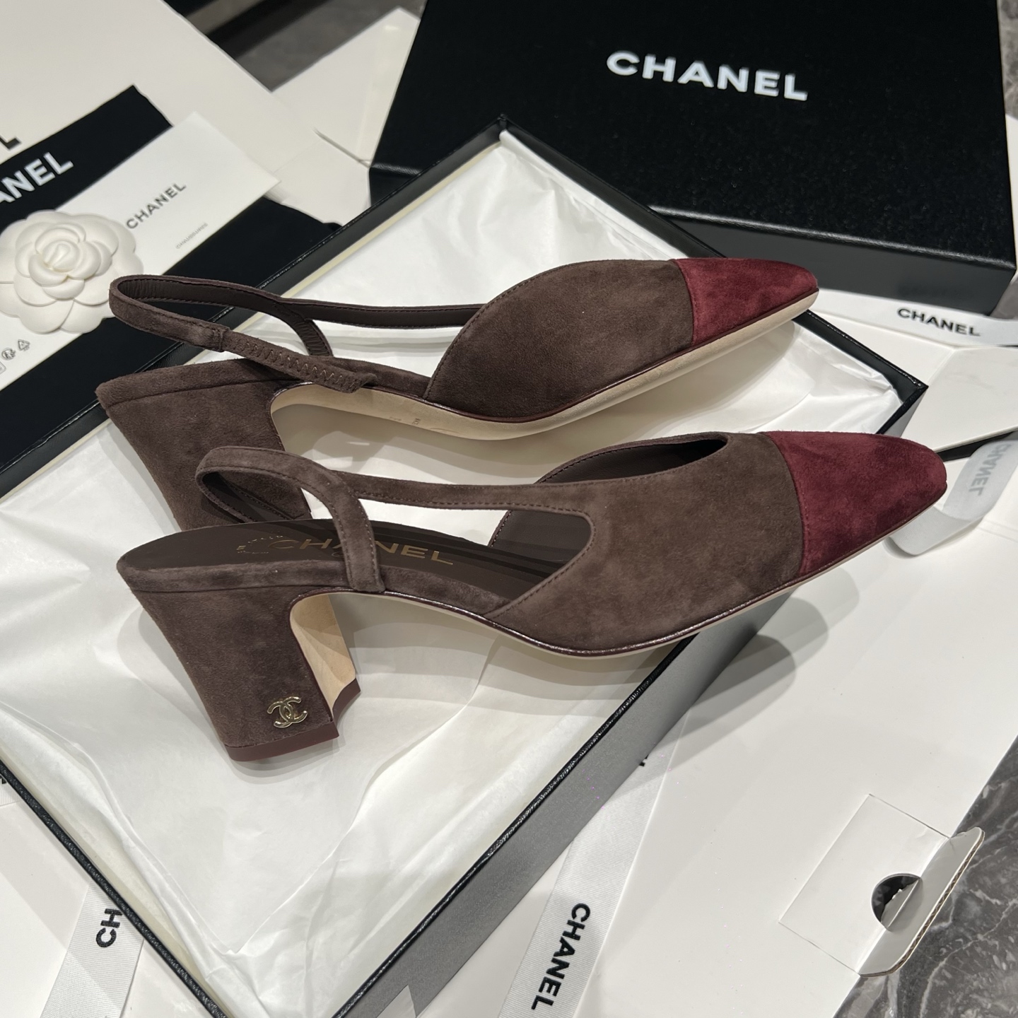 Bagsaaa Ch**el slingback pumps in burgundy suede and brown