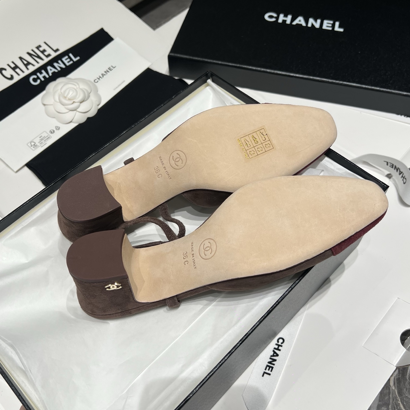 Bagsaaa Ch**el slingback pumps in burgundy suede and brown