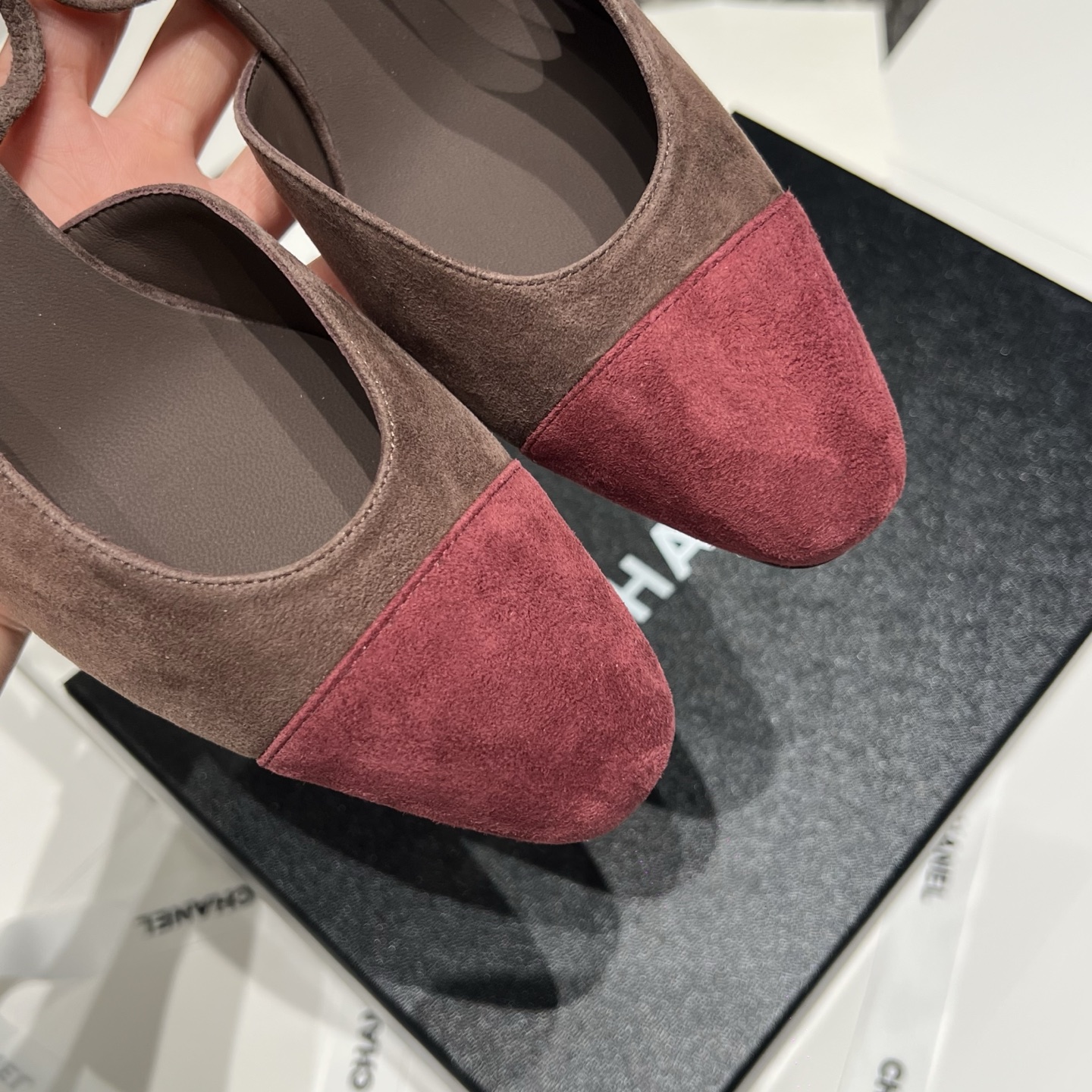 Bagsaaa Ch**el slingback pumps in burgundy suede and brown